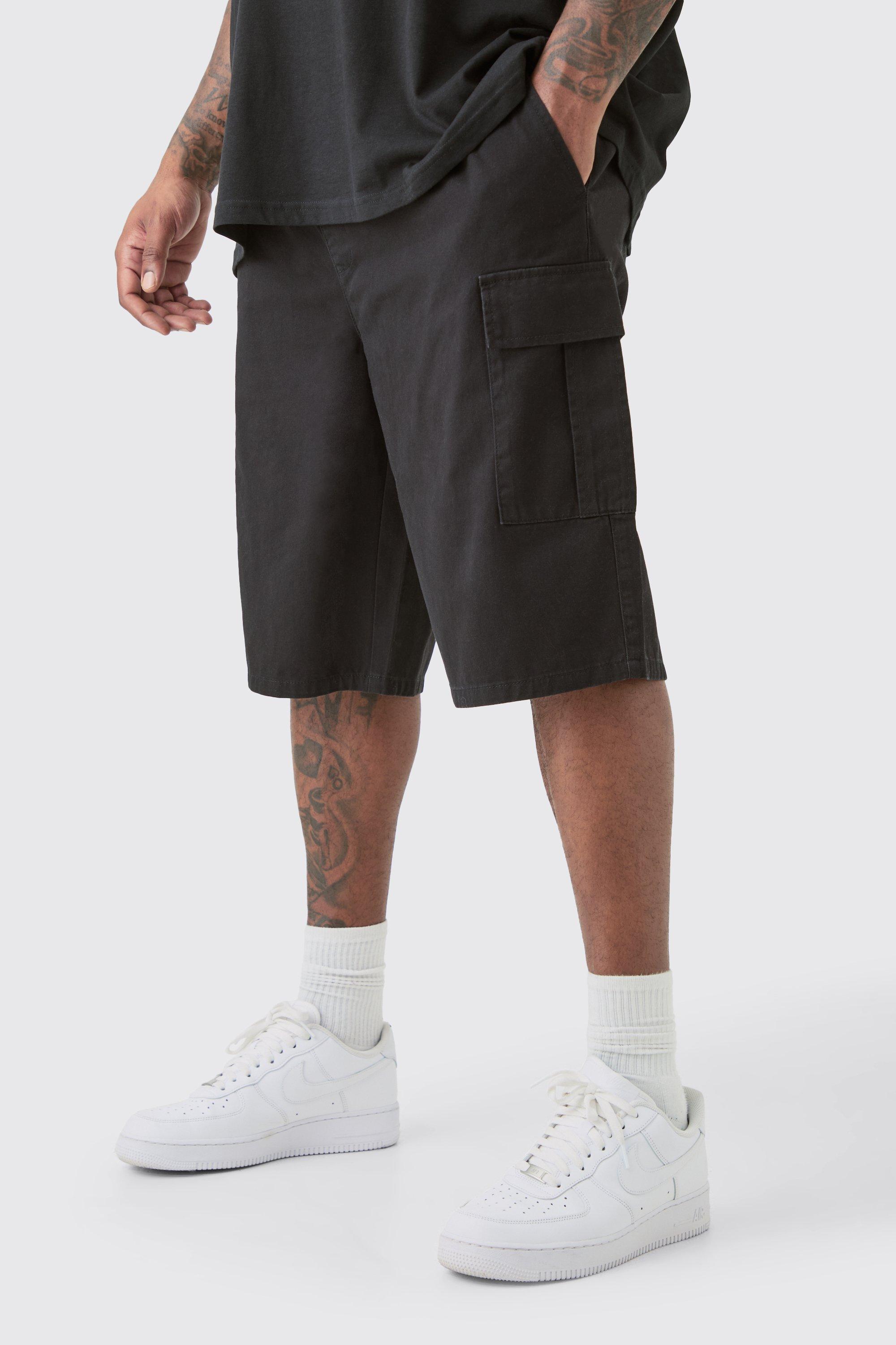 Mens Black Plus Elasticated Waist Relaxed Fit Cargo Shorts, Black