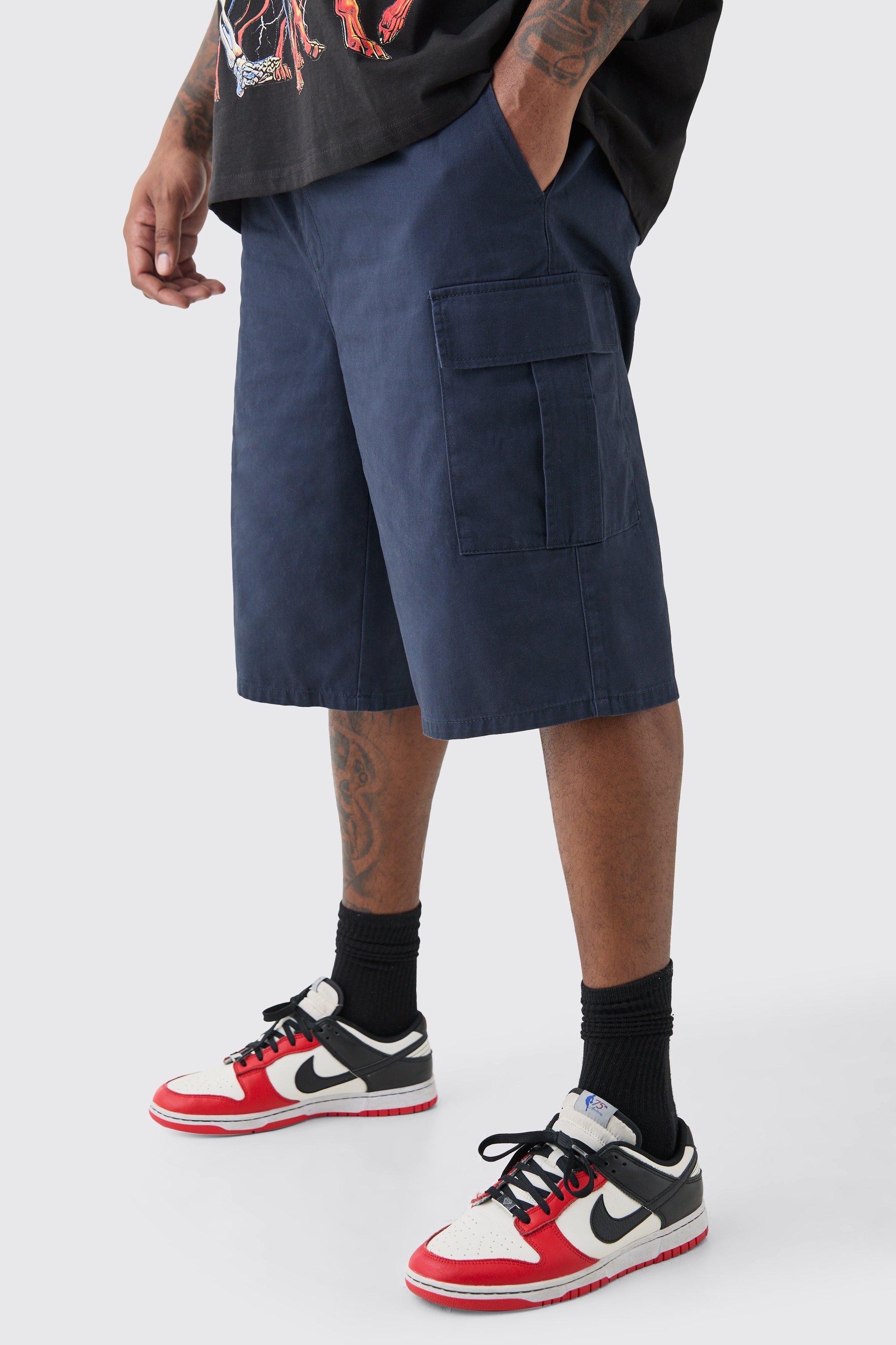 Image of Plus Elastic Waist Navy Relaxed Fit Longer Length Cargo Shorts, Navy