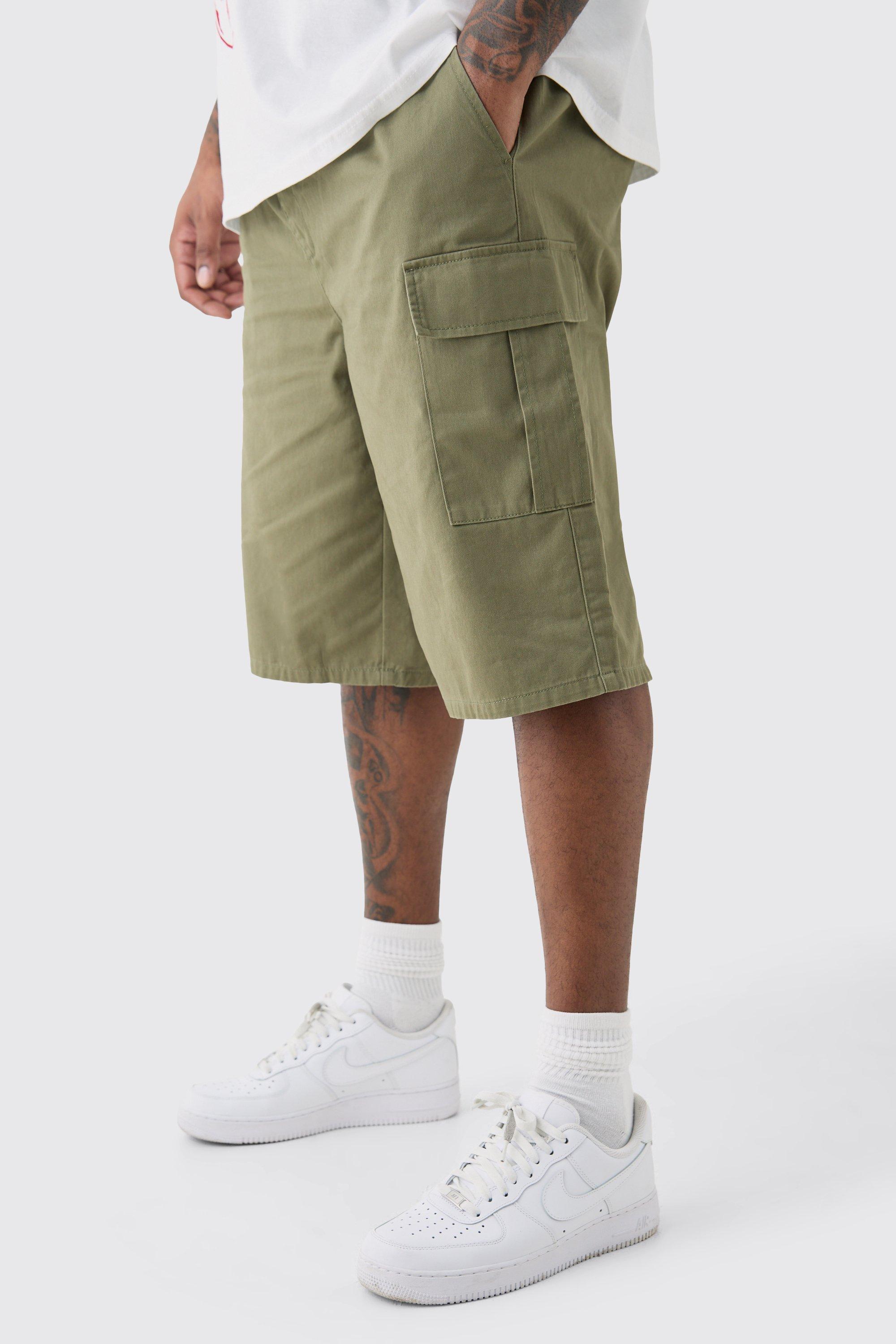 Mens Green Plus Elasticated Waist Relaxed Fit Cargo Jorts, Green