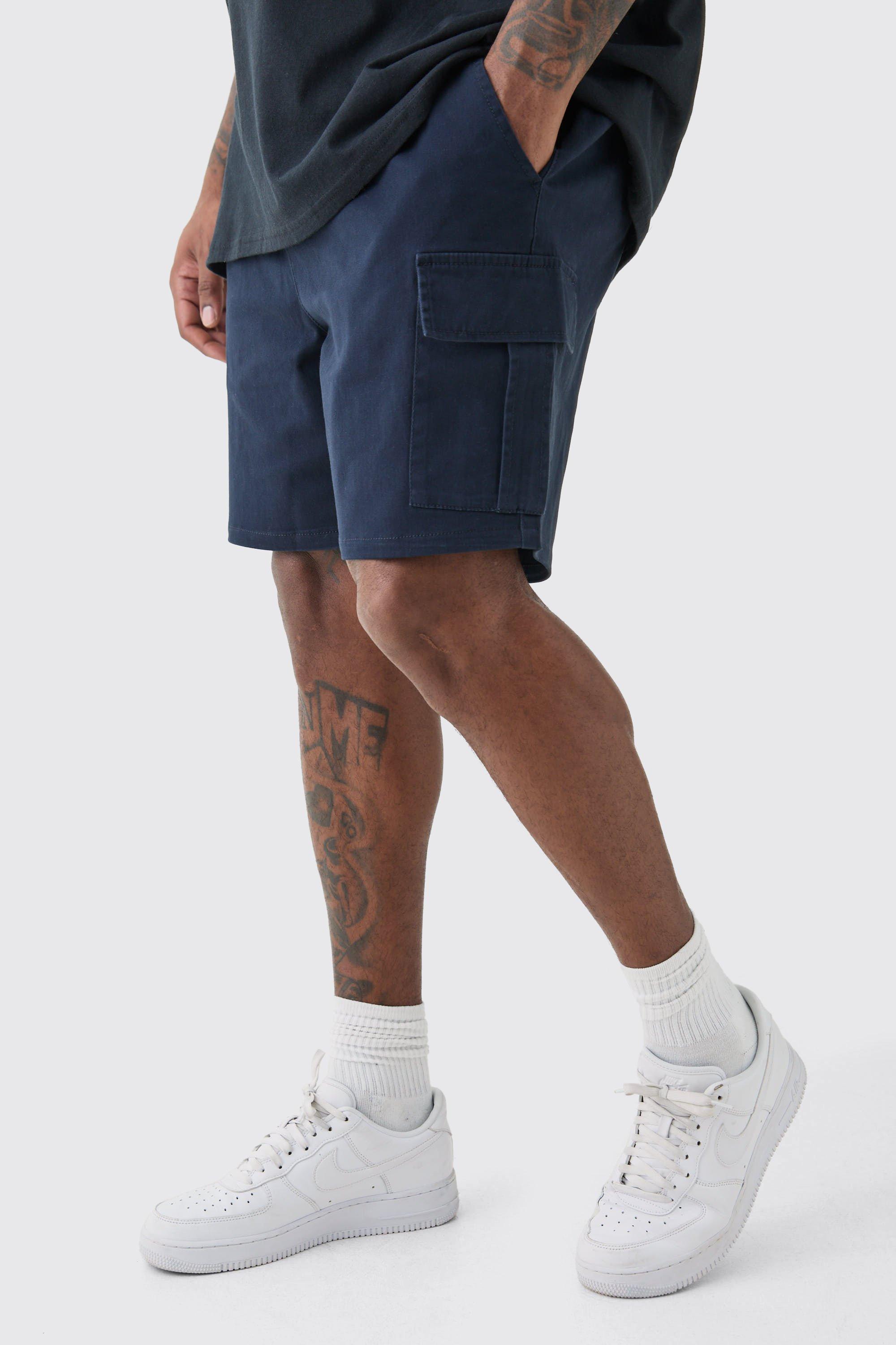 Mens Plus Elasticated Waist Navy Slim Fit Cargo Shorts, Navy