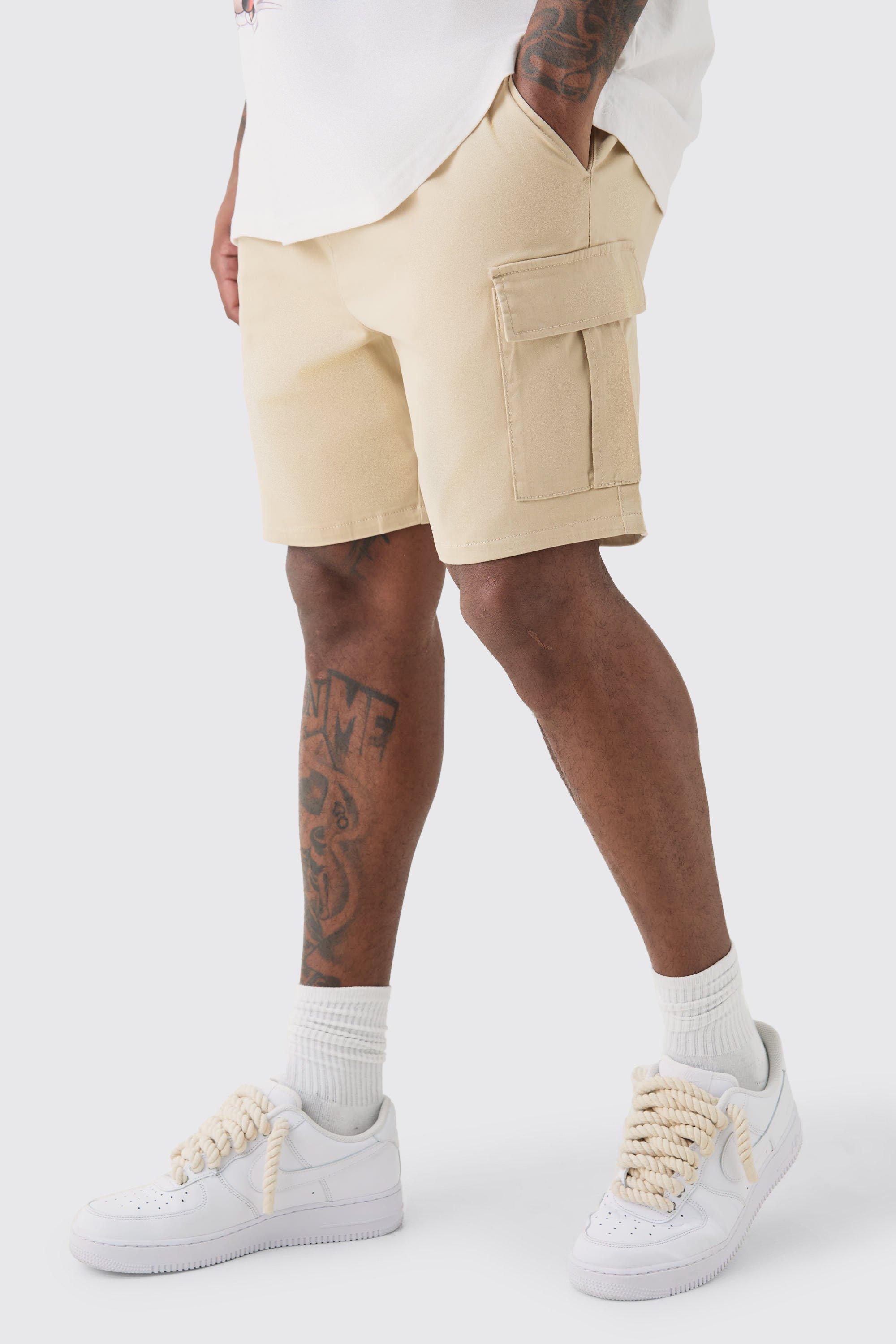 Mens Beige Plus Elasticated Waist Stone Slim Fit Cargo Shorts, Beige