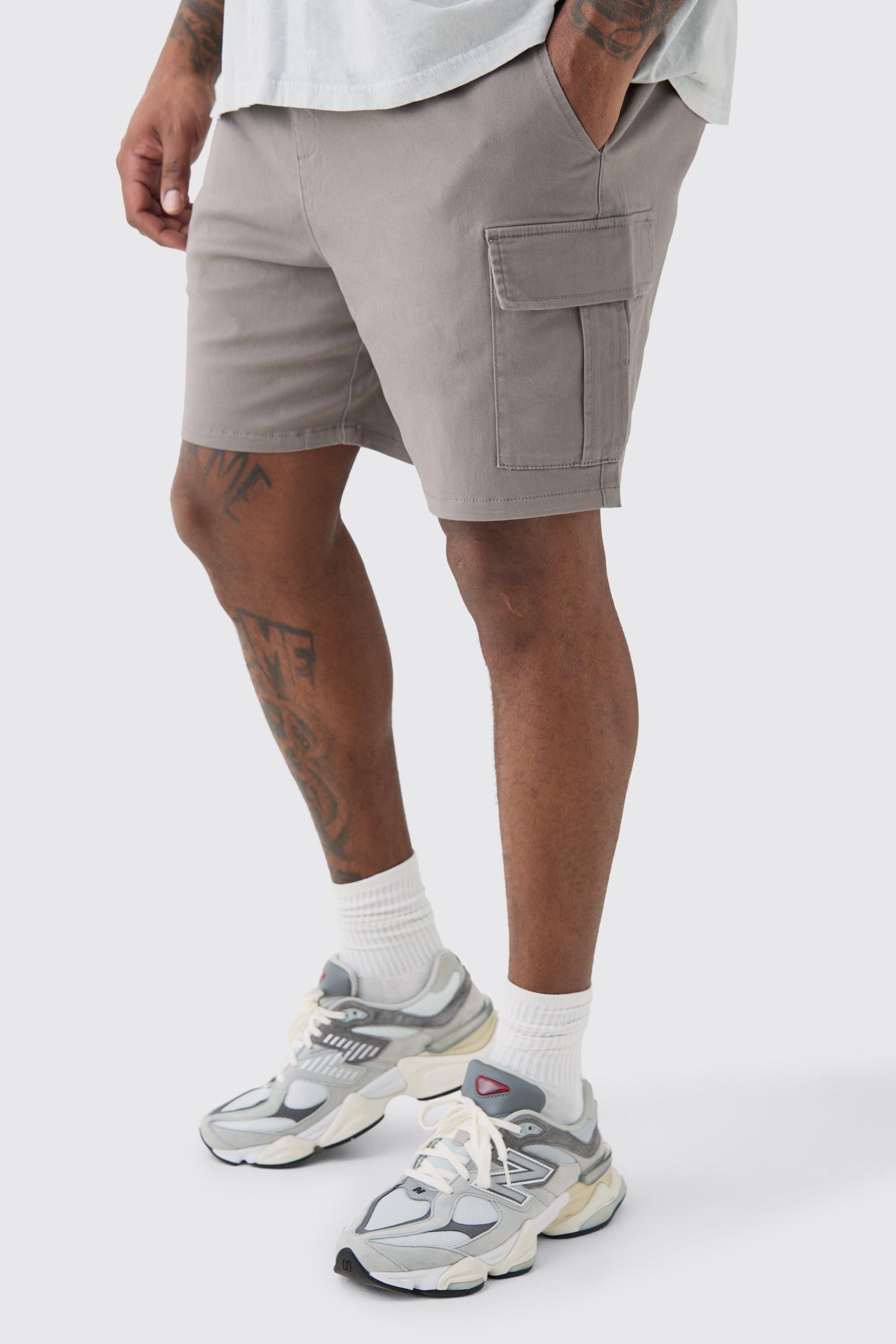 Mens Plus Elasticated Waist Grey Slim Fit Cargo Shorts, Grey