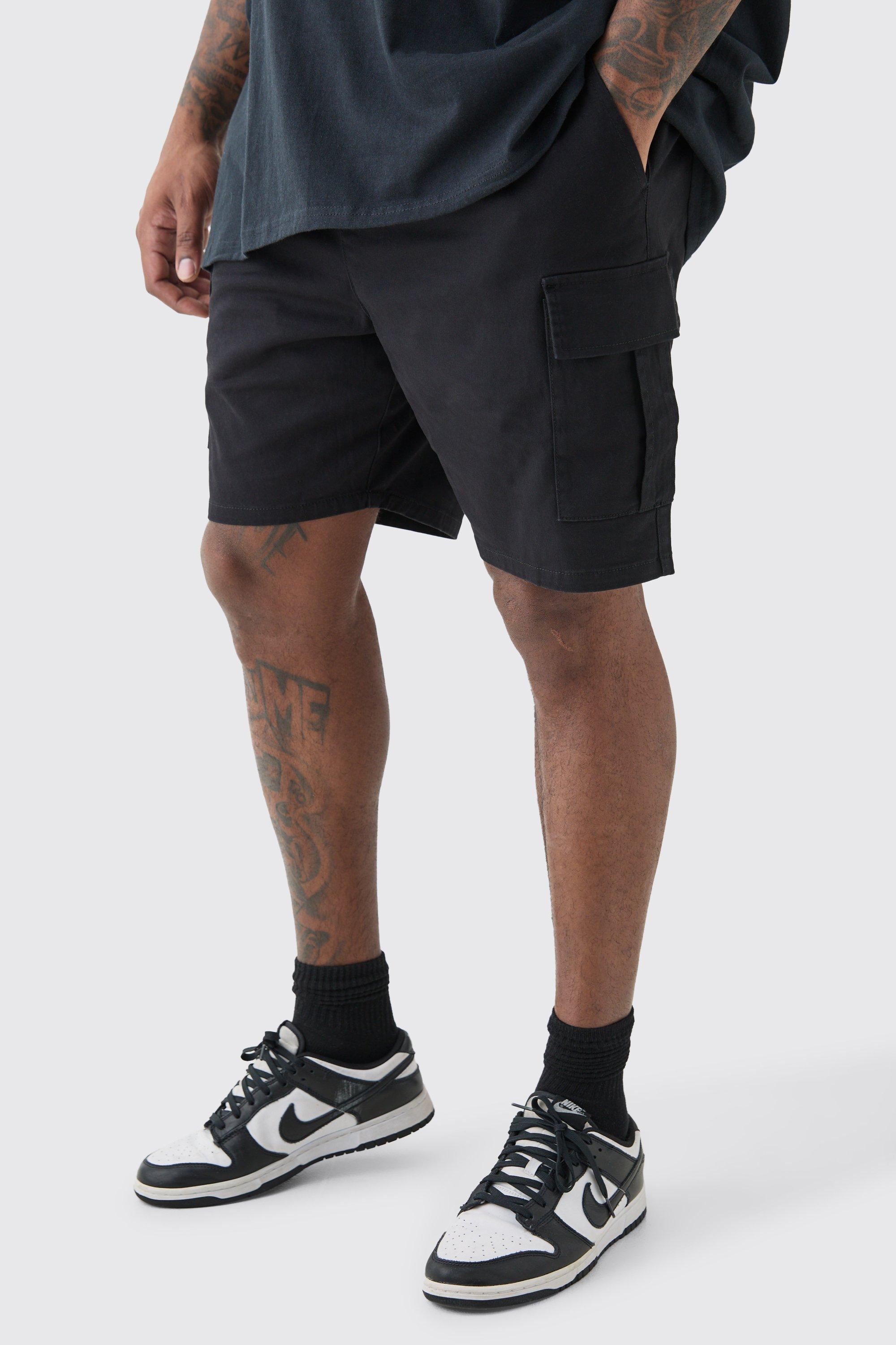 Mens Plus Elasticated Waist Black Skinny Fit Cargo Shorts, Black