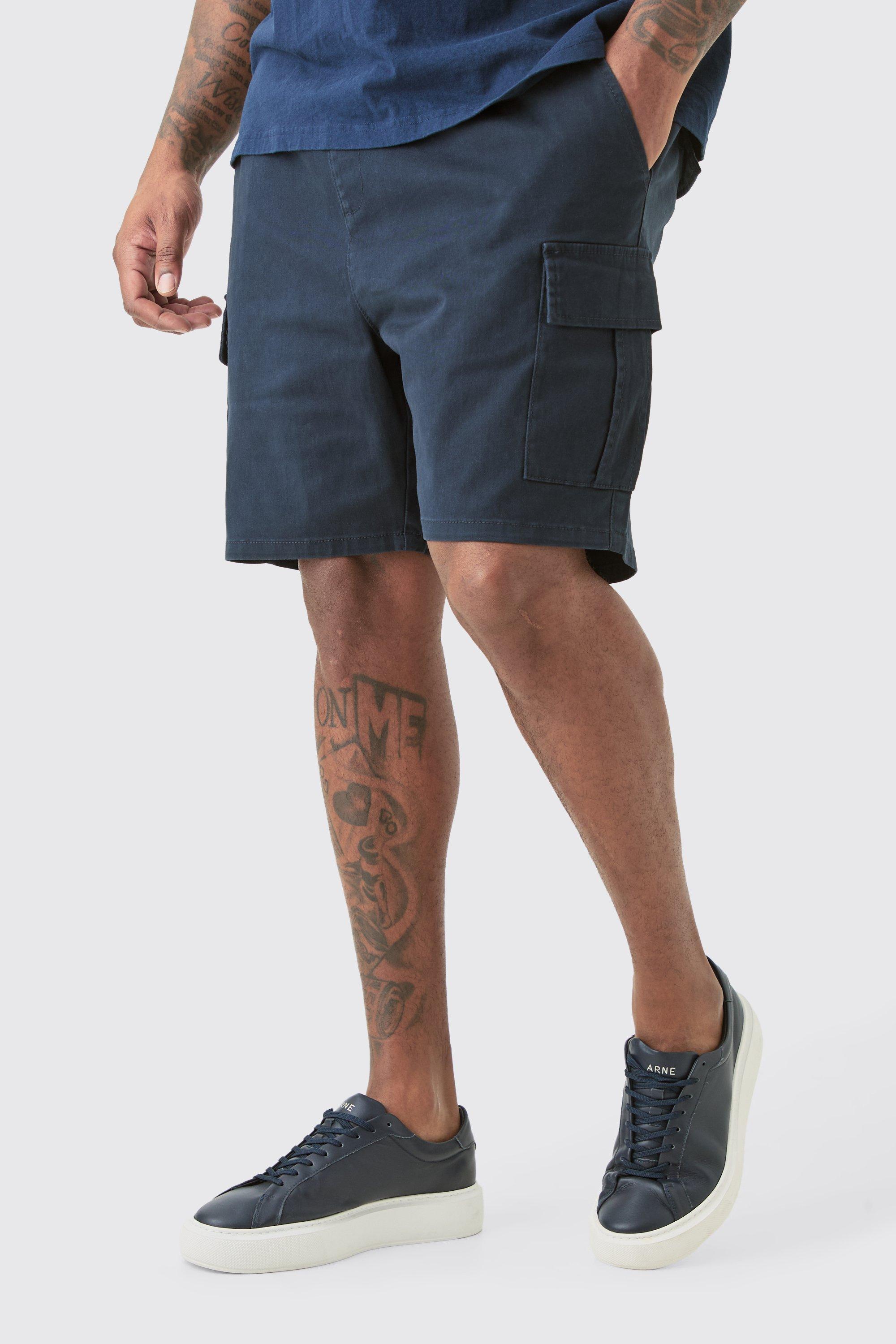 Mens Plus Elasticated Waist Navy Skinny Fit Cargo Shorts, Navy