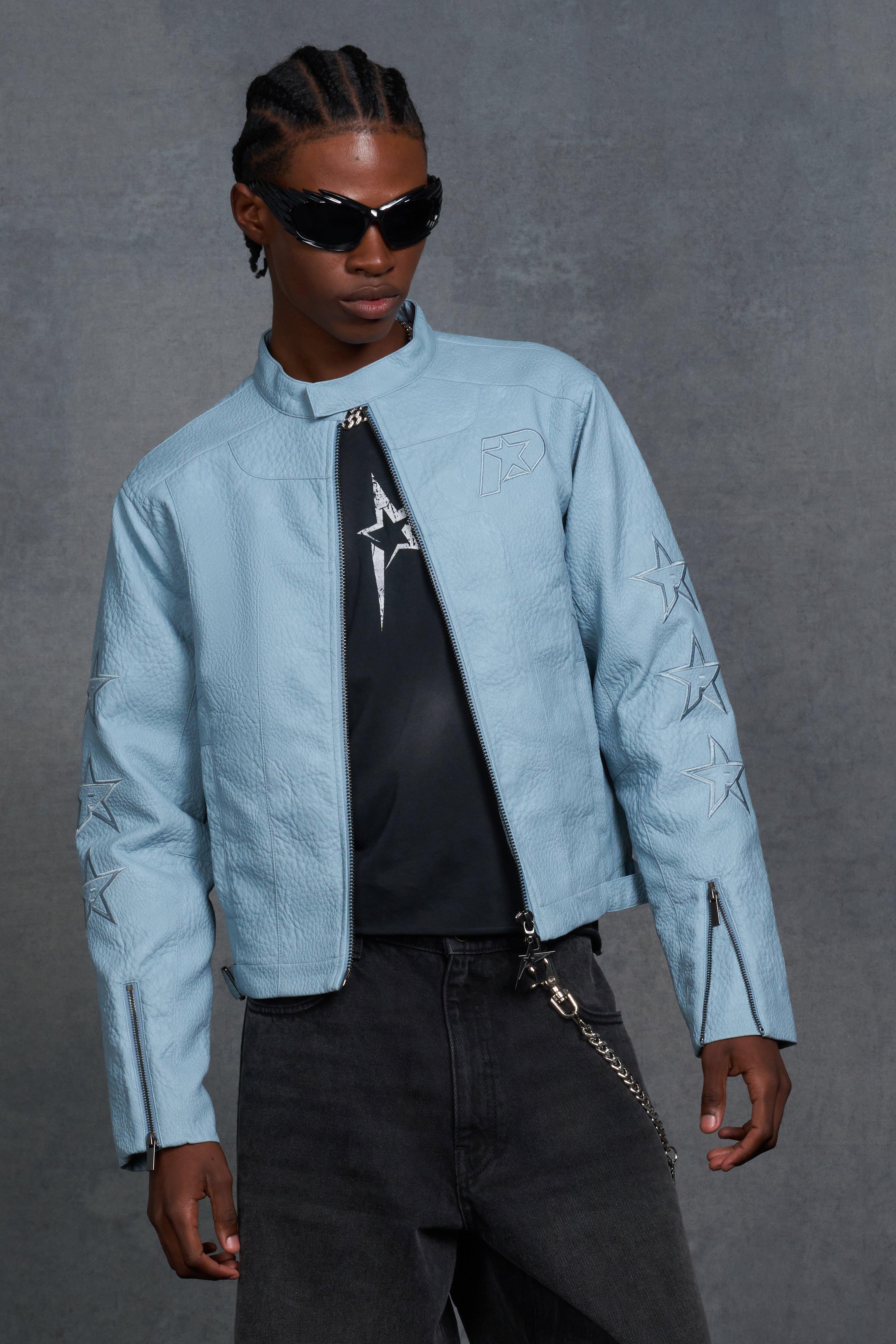Boohoo Boxy Fit Applique Panelled Pu Moto Jacket, Blue