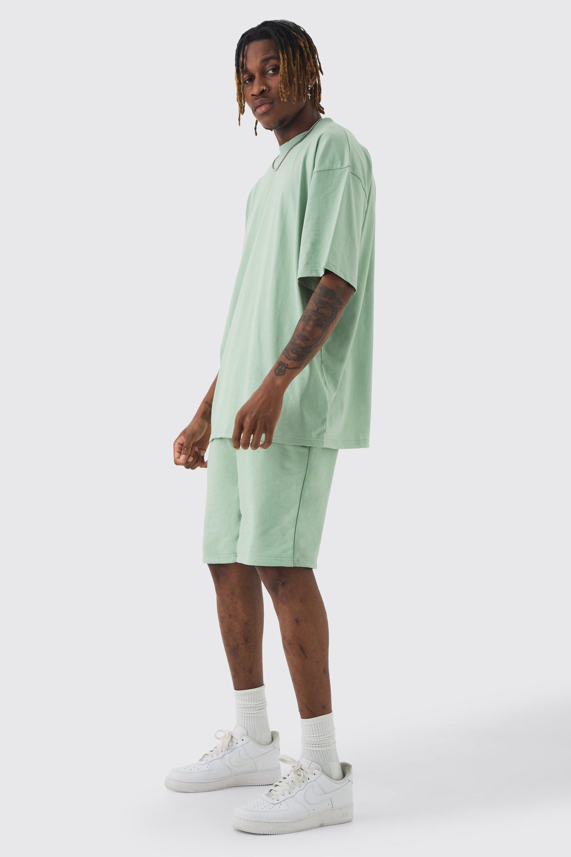 Mens Green Tall Oversized T-shirt & Short Set, Green