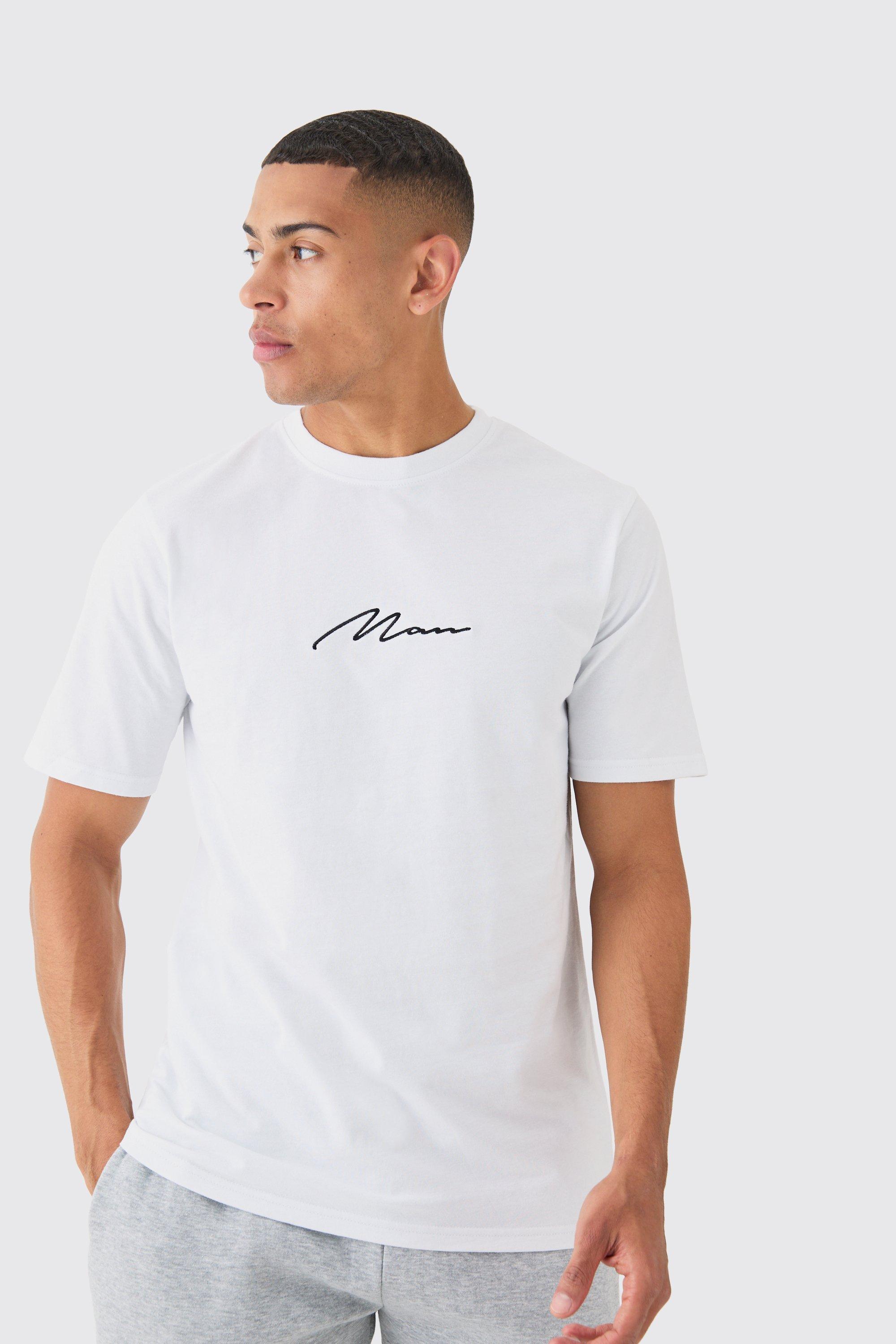 Mens White Man Signature Embroidered T-shirt, White