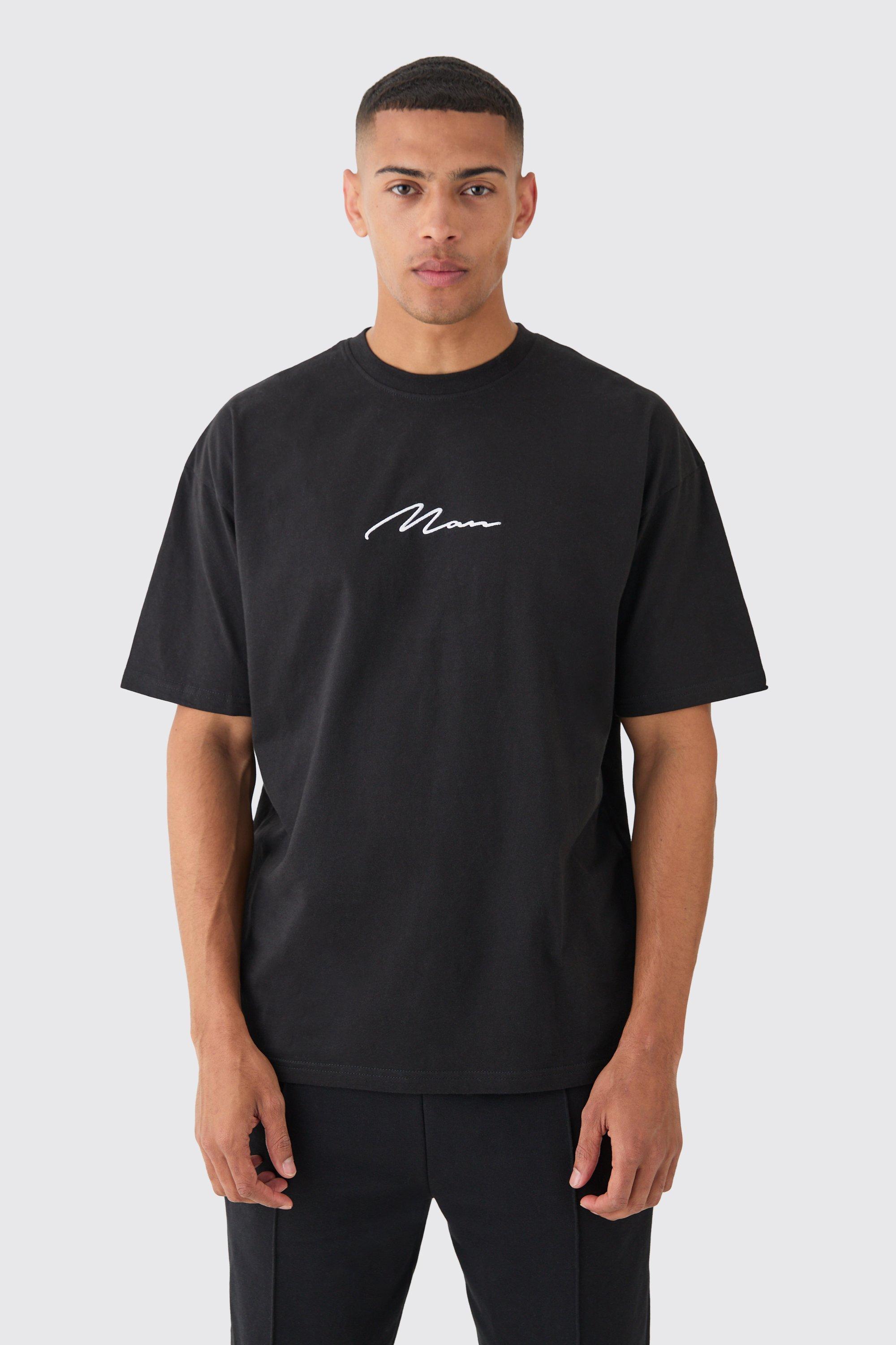 Mens Black Man Signature Embroidered T-shirt, Black