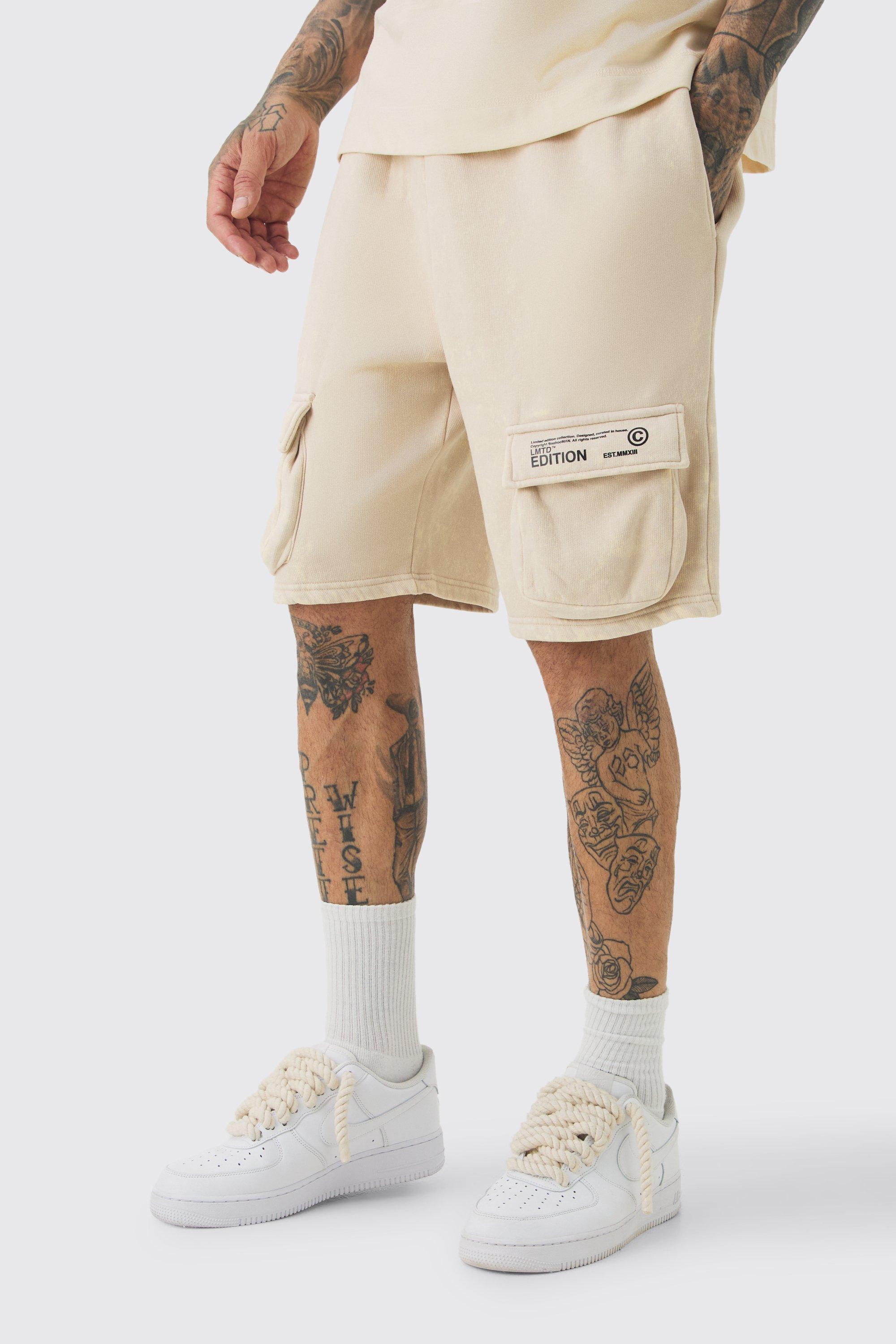 Mens Beige Tall Loose Fit Washed Cargo Jersey Short In Stone, Beige