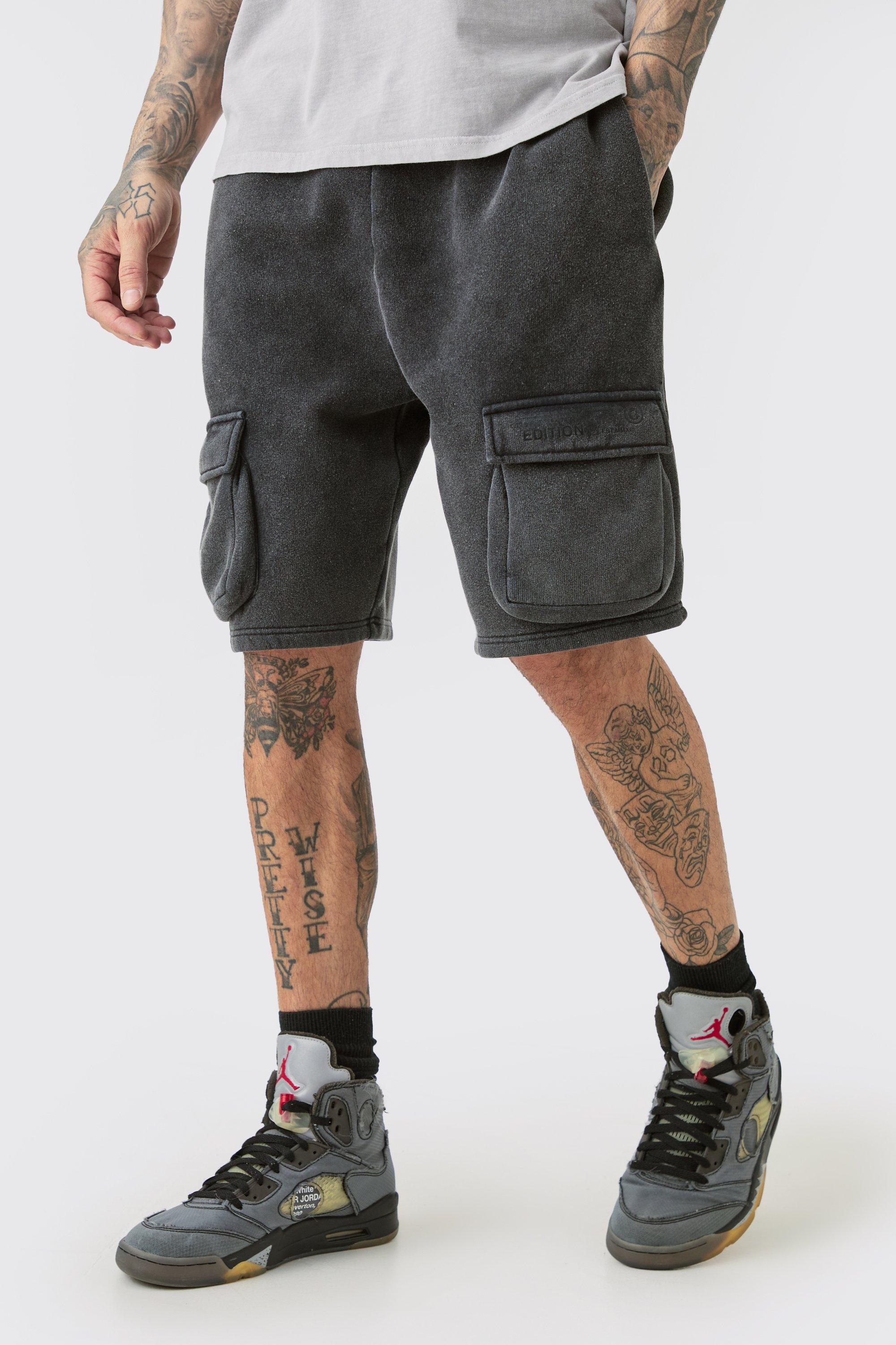 Image of Tall Loose Fit Washed Cargo Jersey Short In Black, Nero