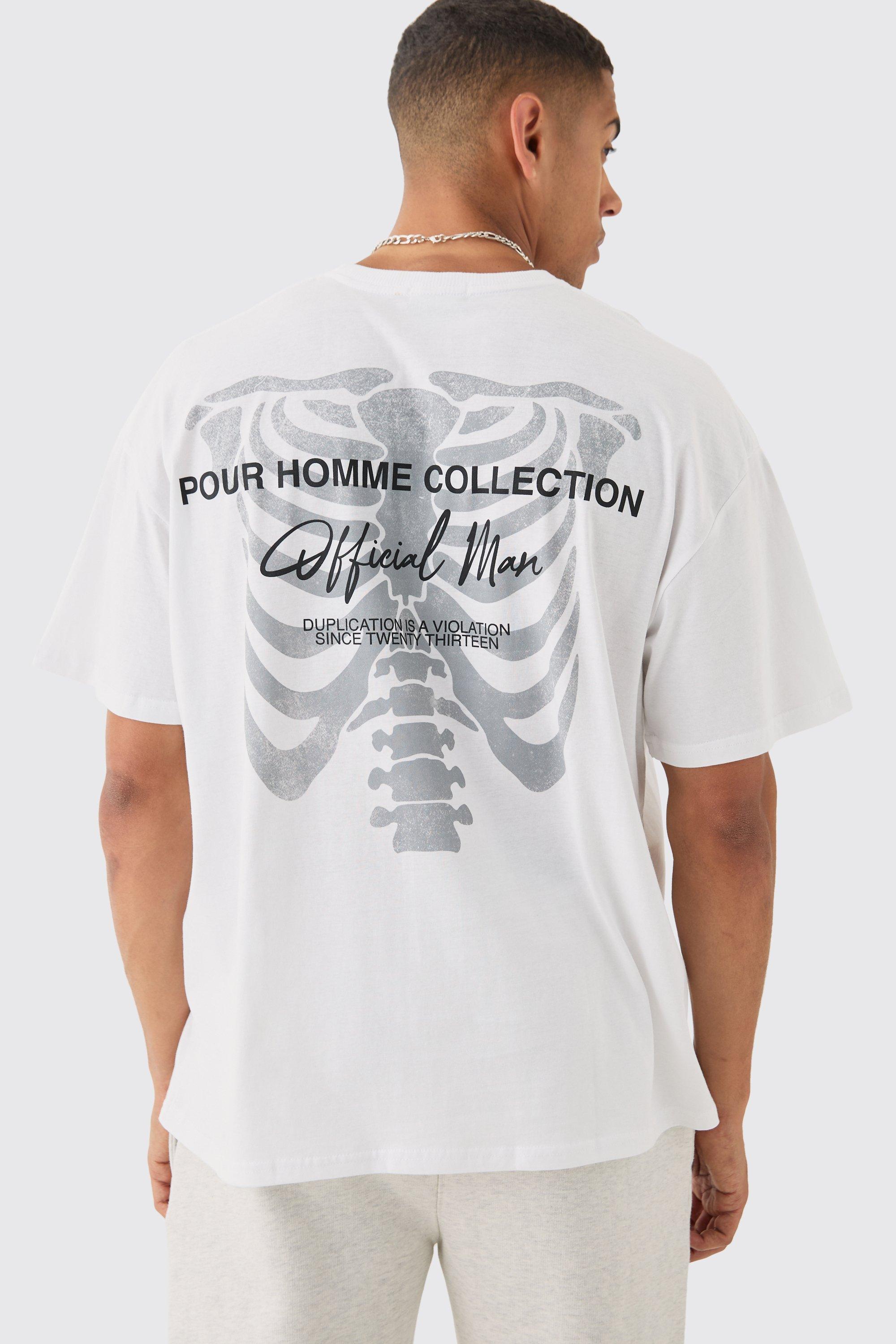 Mens White Oversized Skeleton Back Print T-shirt, White