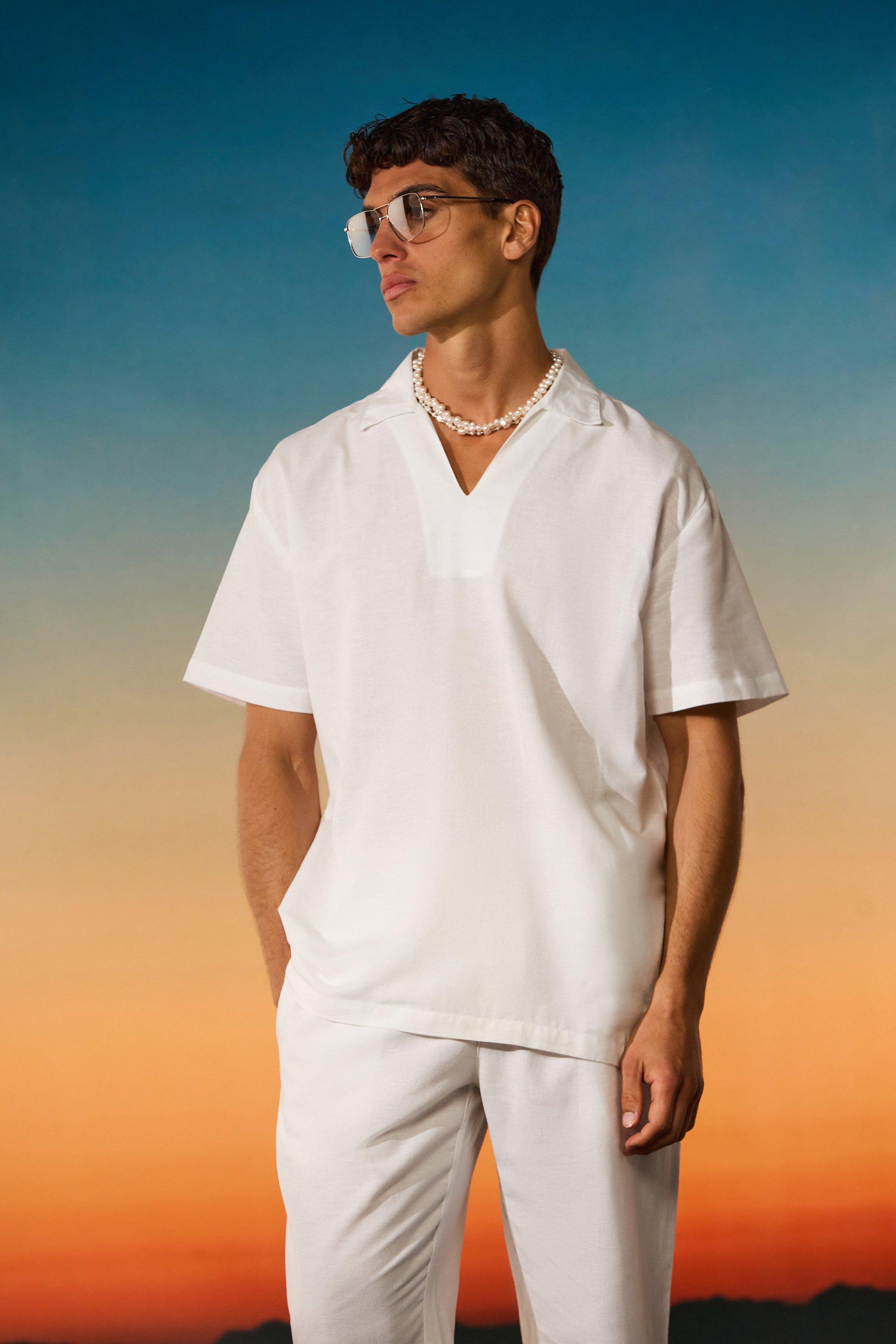 Image of Oversized Linen Dropped Neck Shirt, Bianco