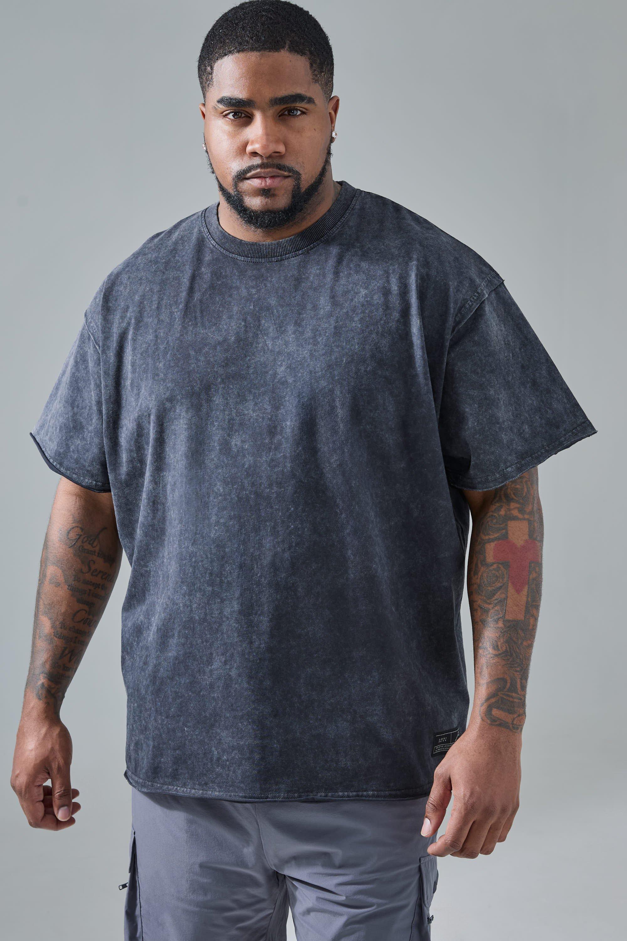 Image of Plus Man Active Oversized Acid Wash Raw T-shirt, Nero