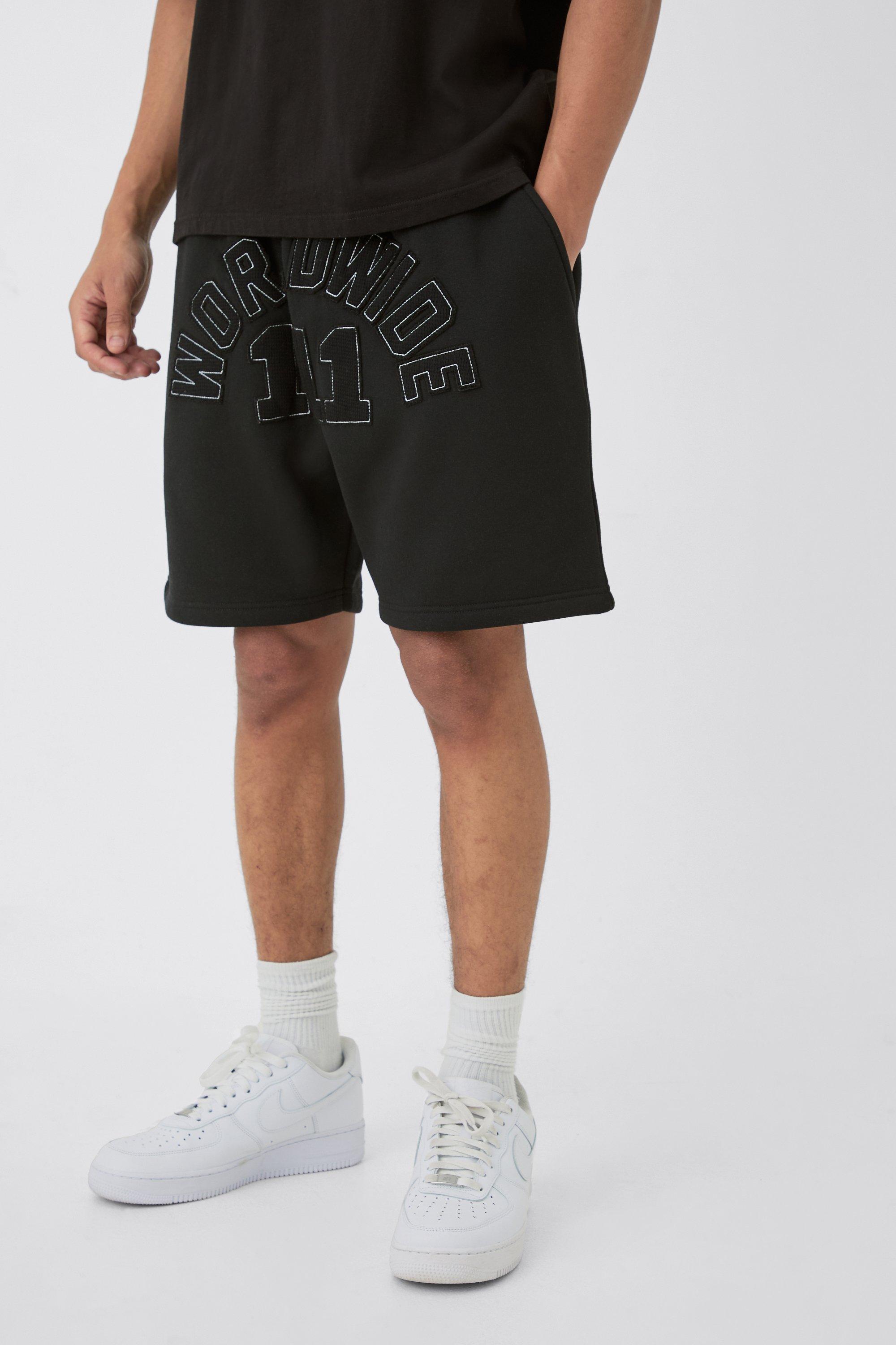 Image of Relaxed Mid Length Waffle Applique Shorts, Nero