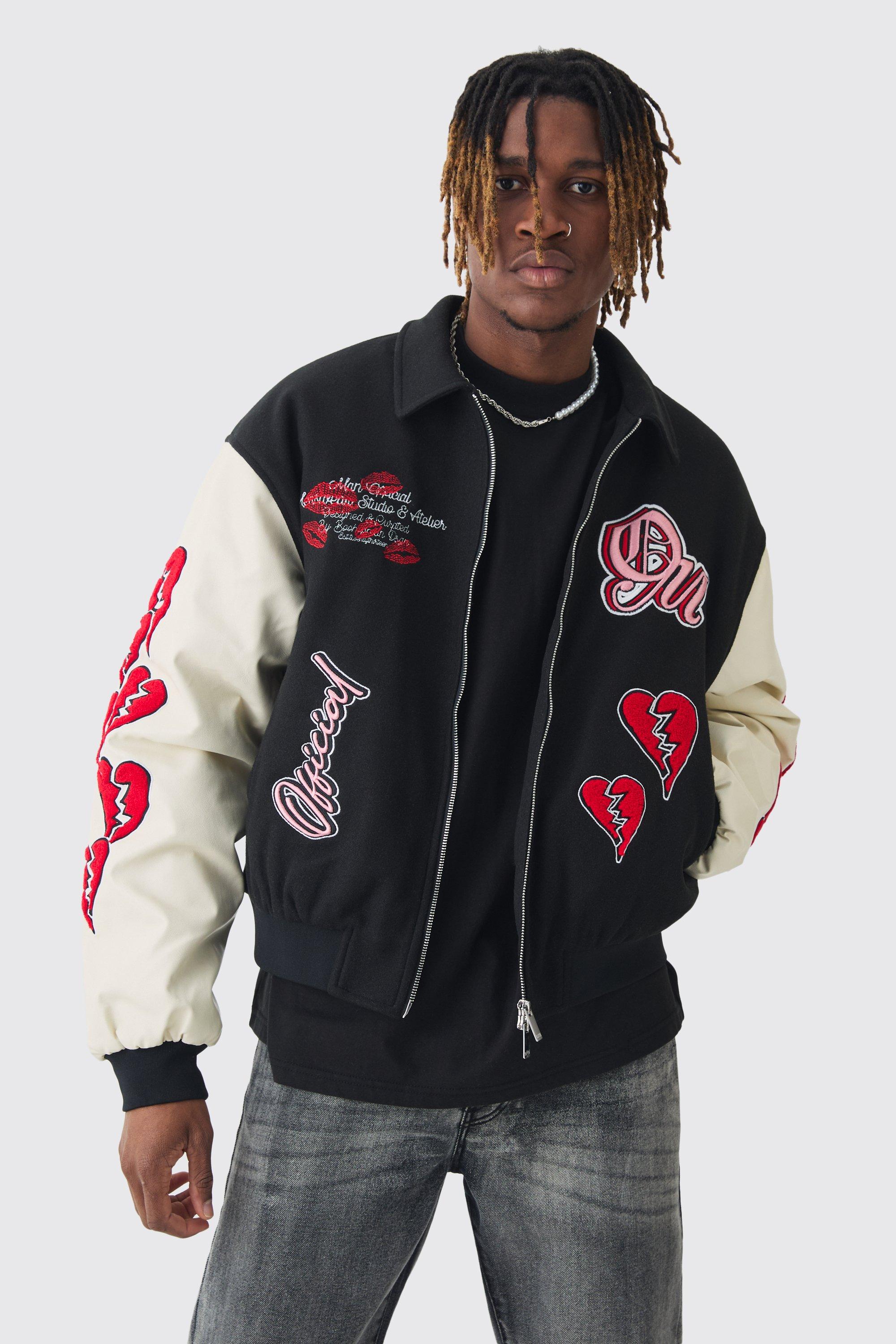 Mens Black Tall Boxy Heart Applique Varsity Bomber, Black