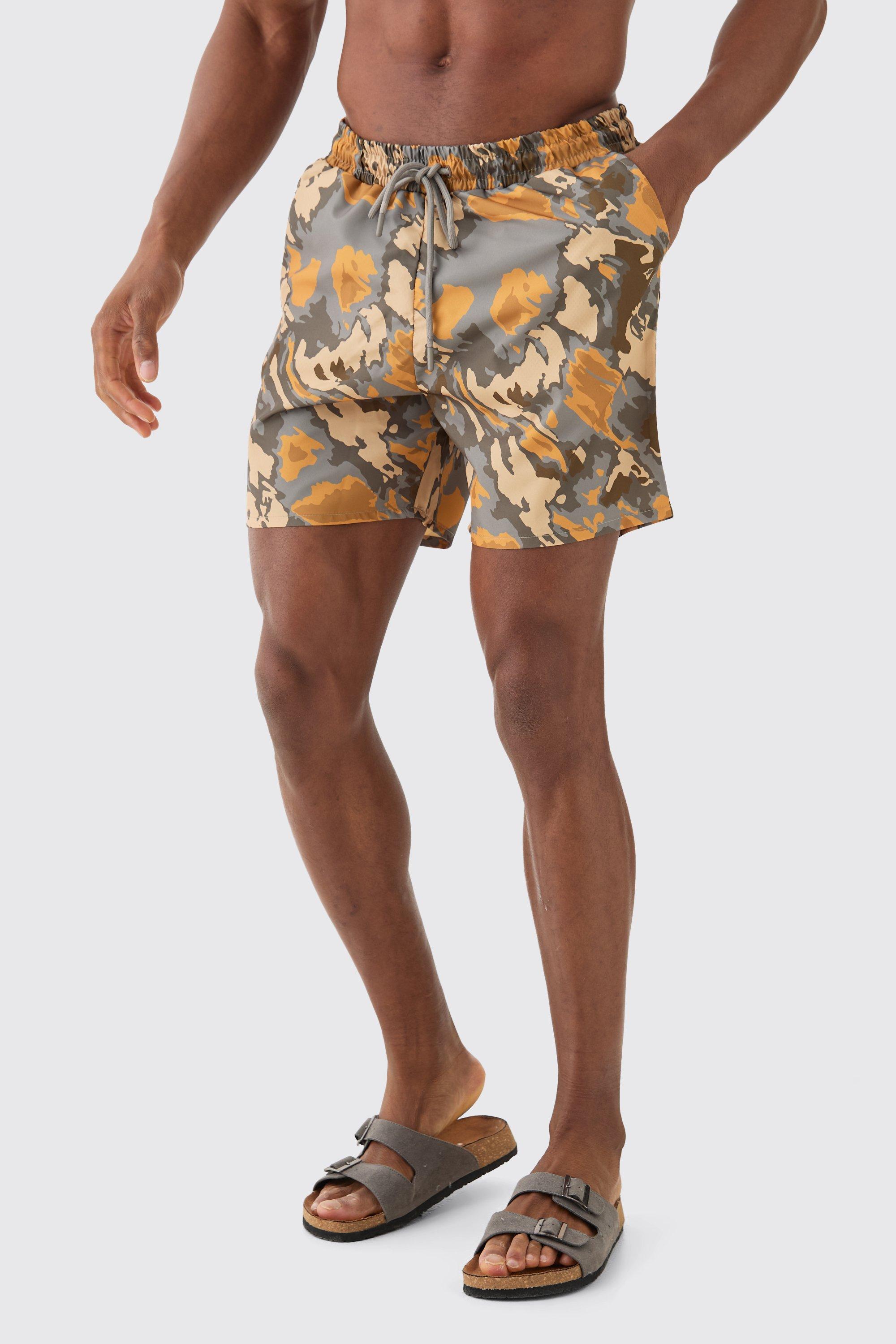 Mens Brown Mid Length Camo Swim Short, Brown