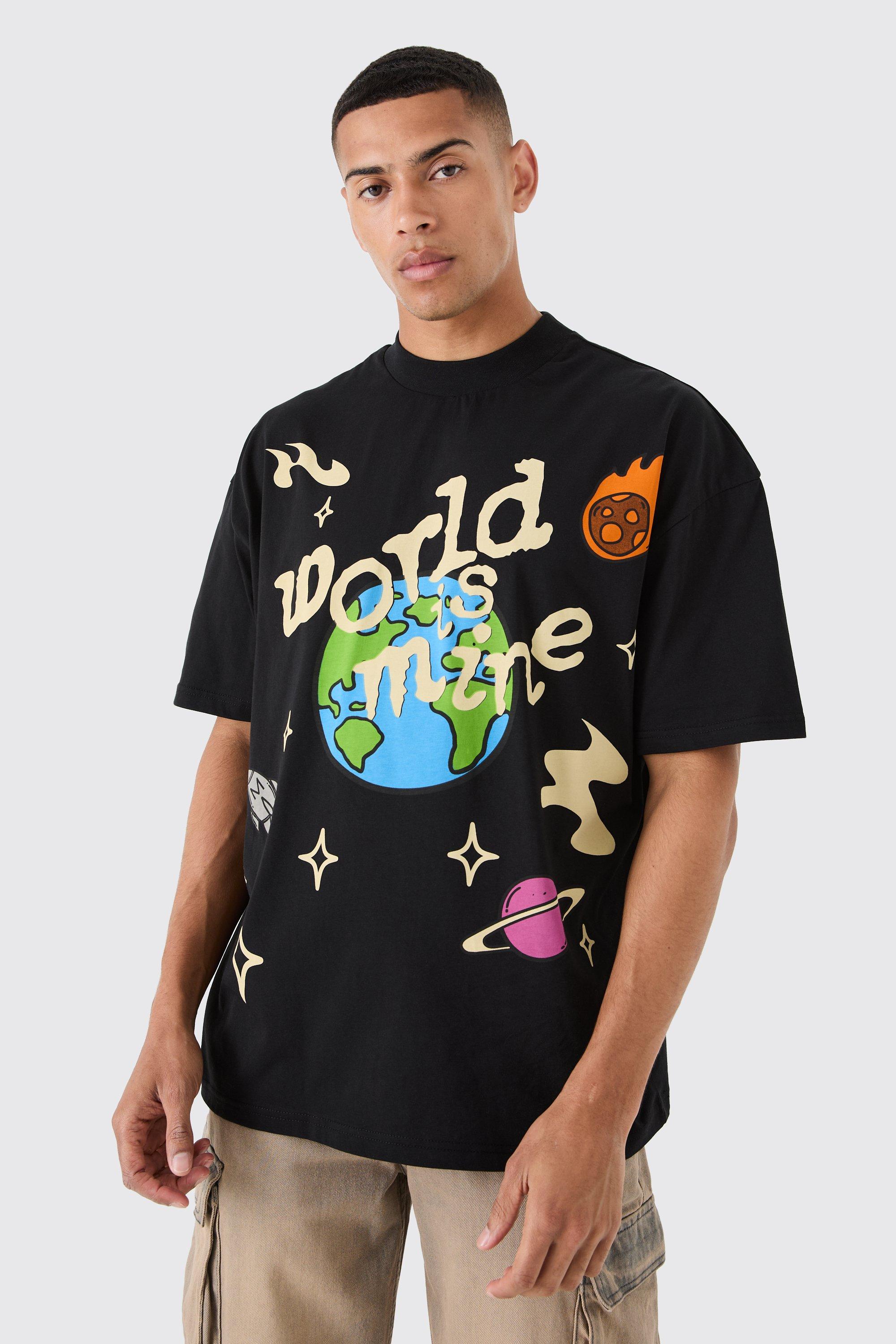 Image of Oversized Extended Neck Space Graphic T-shirt, Nero