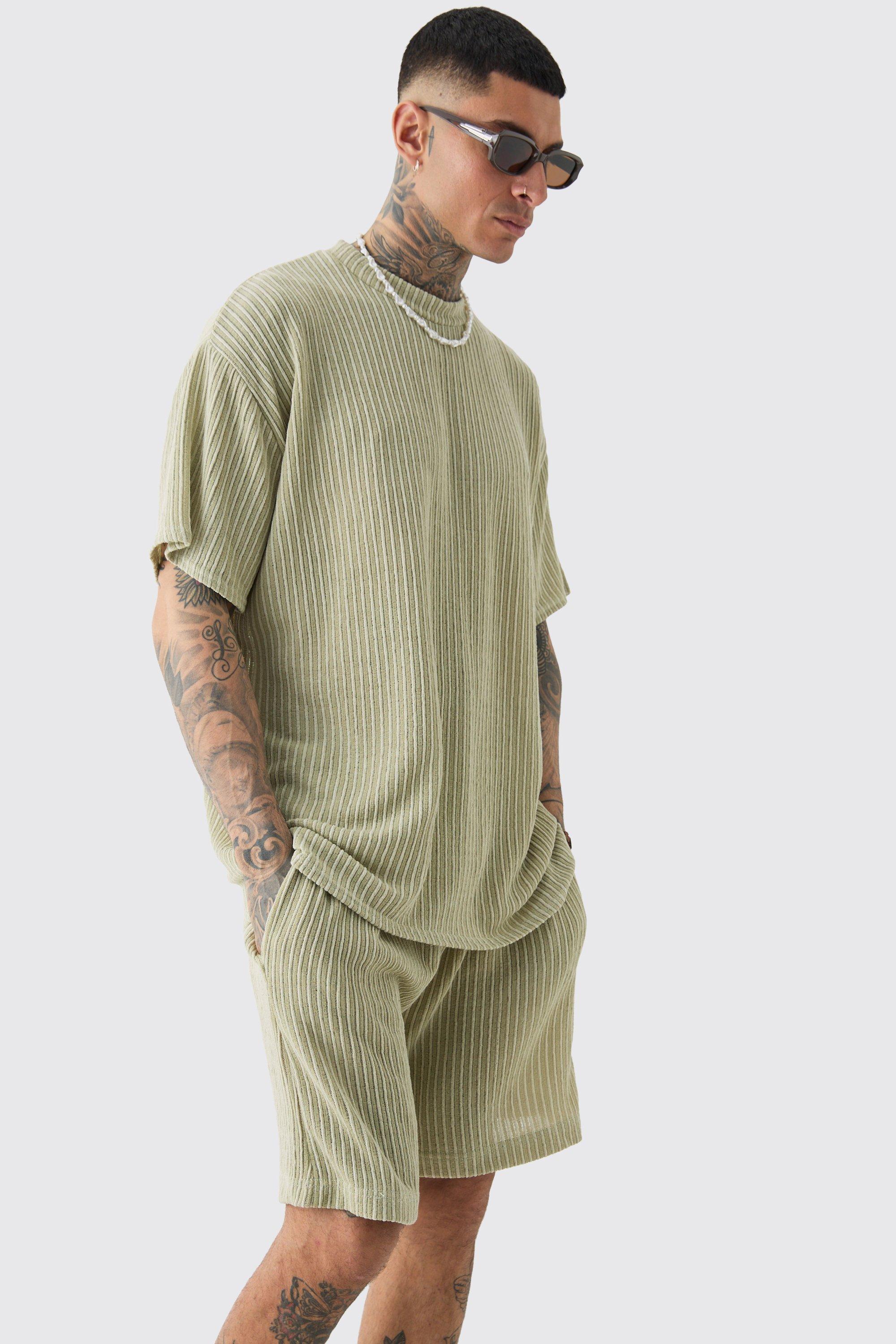 Mens Green Tall Crochet Rib T-shirt & Short Set, Green