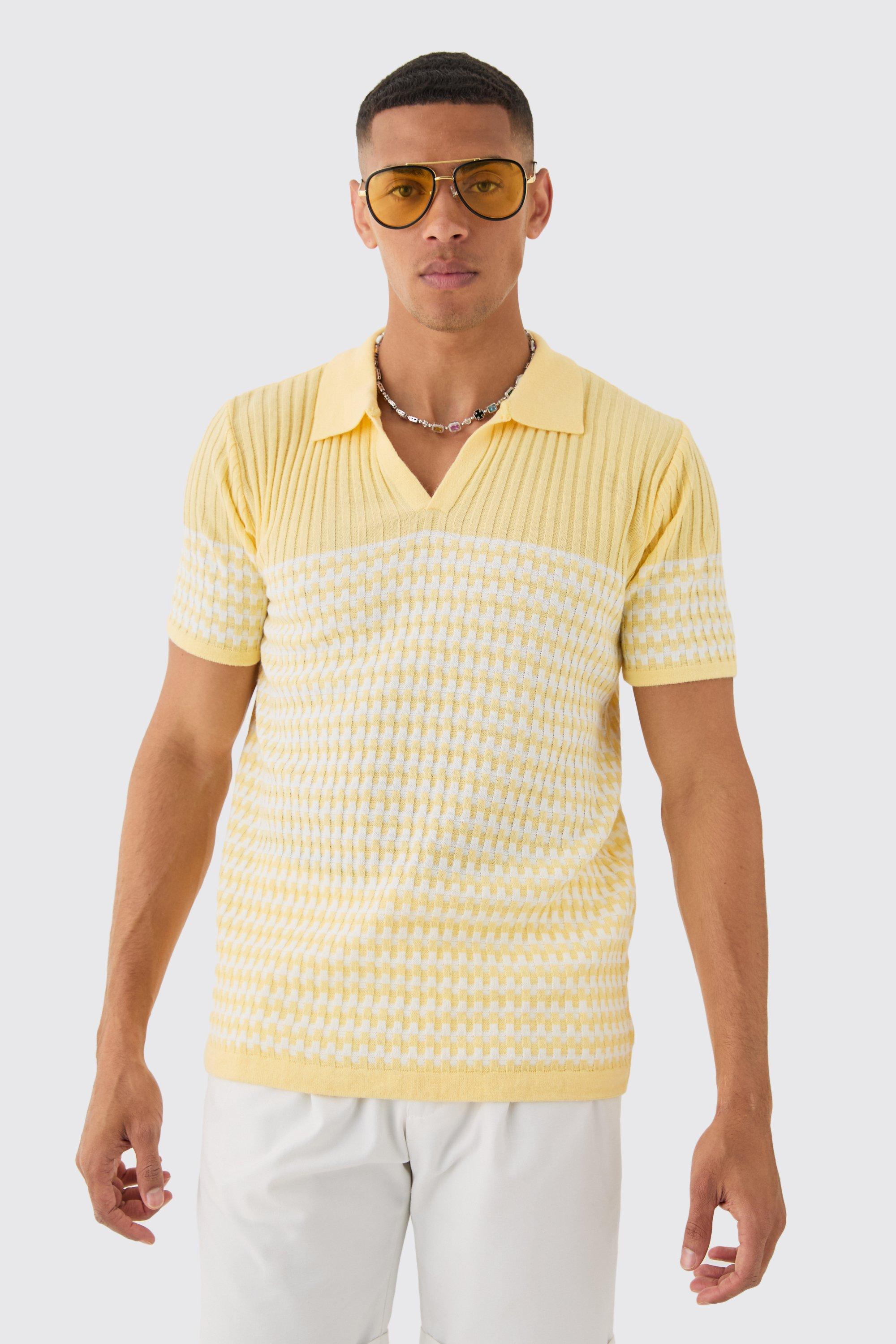 Image of Regular V Neck Stripe Knitted Polo, Giallo