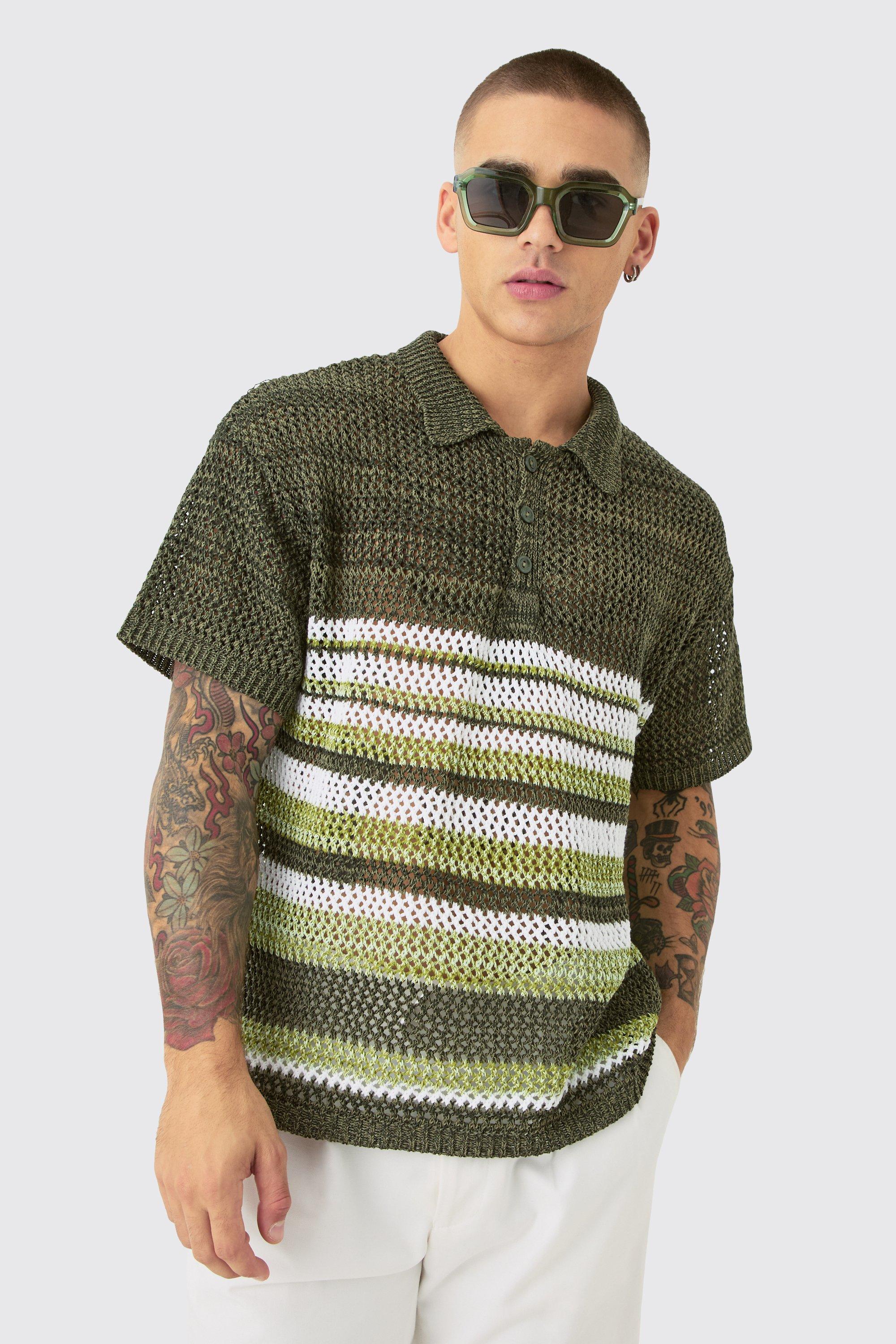 Image of Oversized Boxy Ombre Open Stitch Polo, Verde