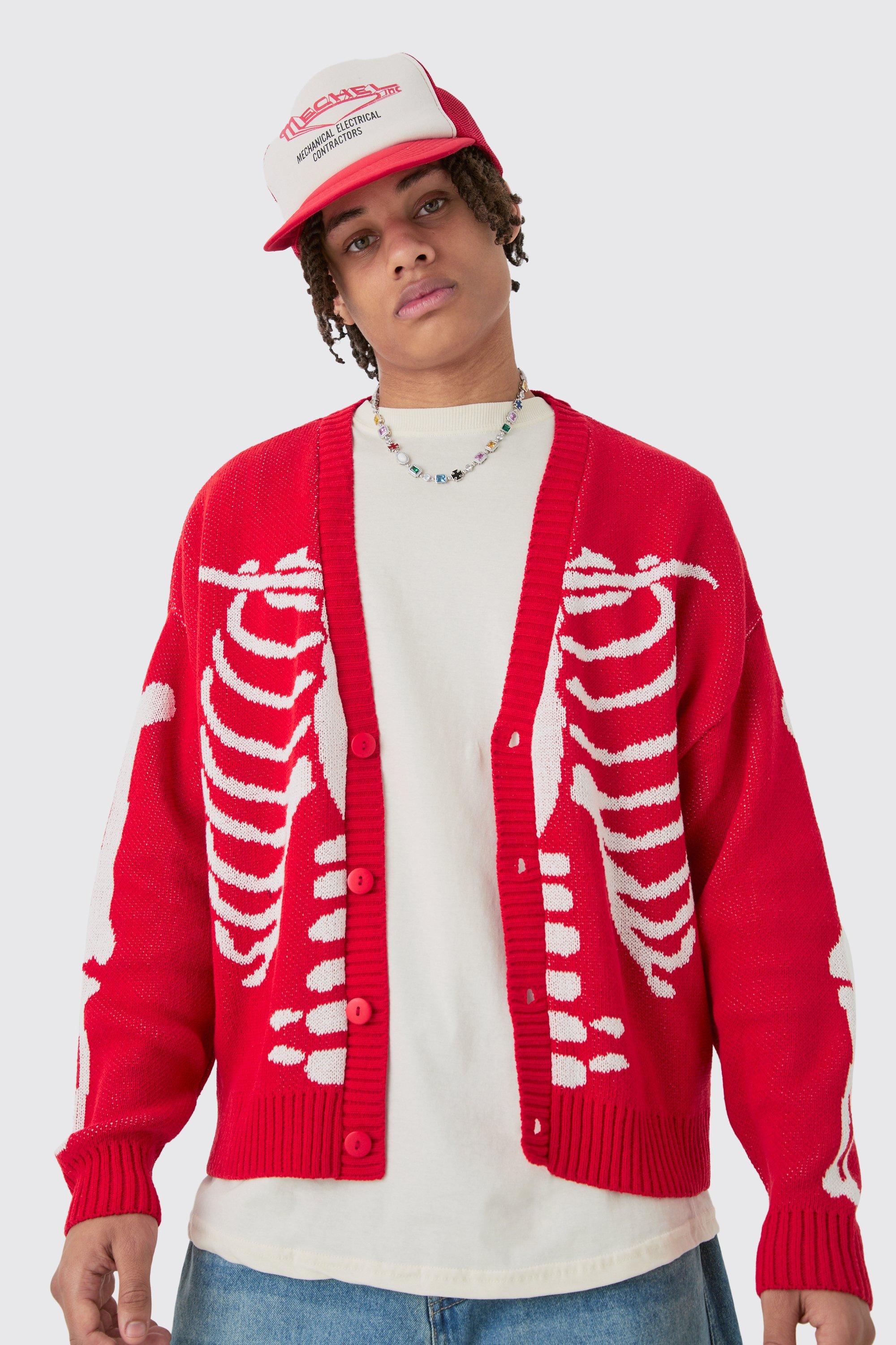 Mens Red Boxy Oversized Skeleton Cardigan, Red