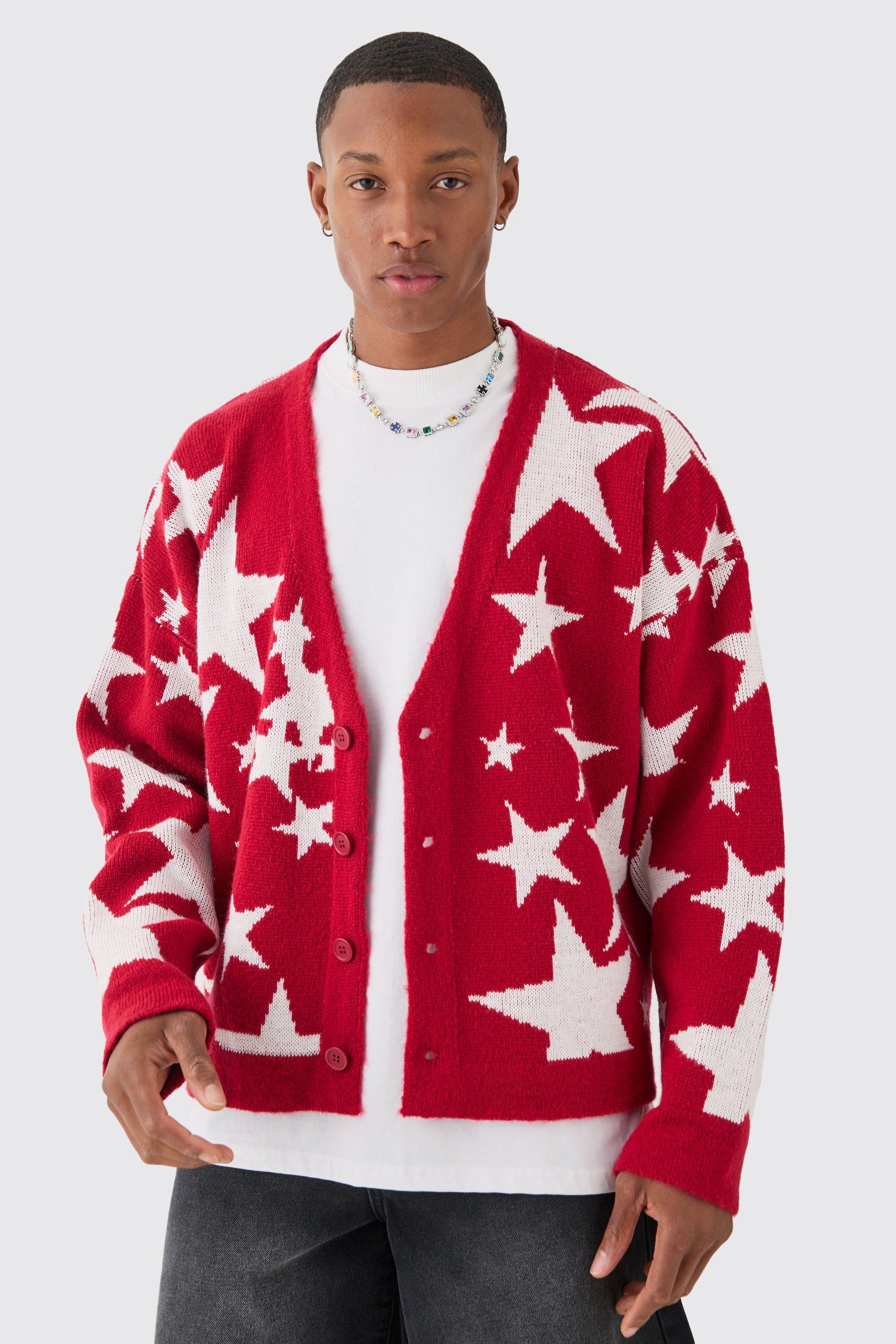 Boohoo Boxy Oversized Brushed Star All Over Jacquard Cardigan, Red
