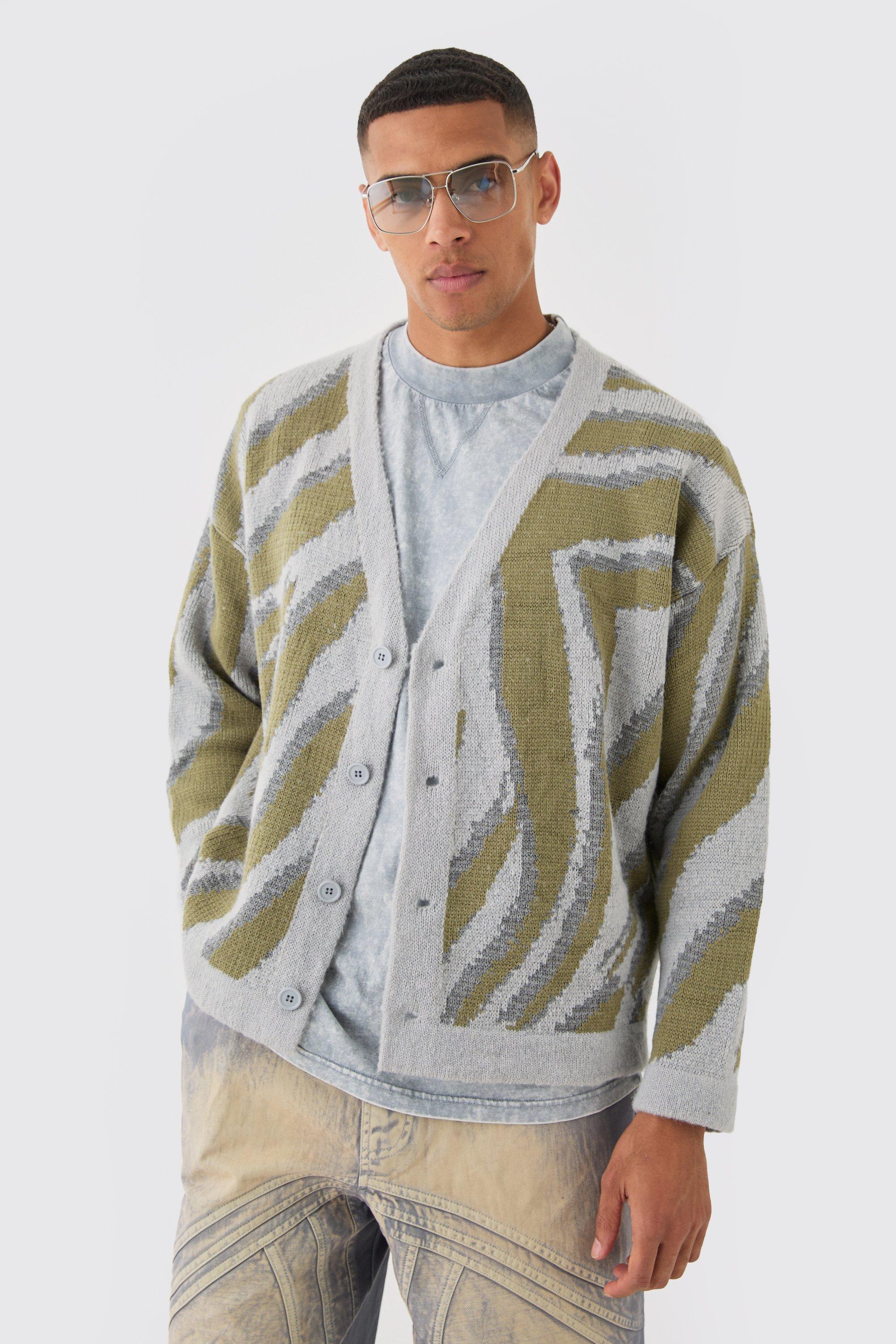 Image of Boxy Oversized Brushed Abstract All Over Jacquard Cardigan, Grigio