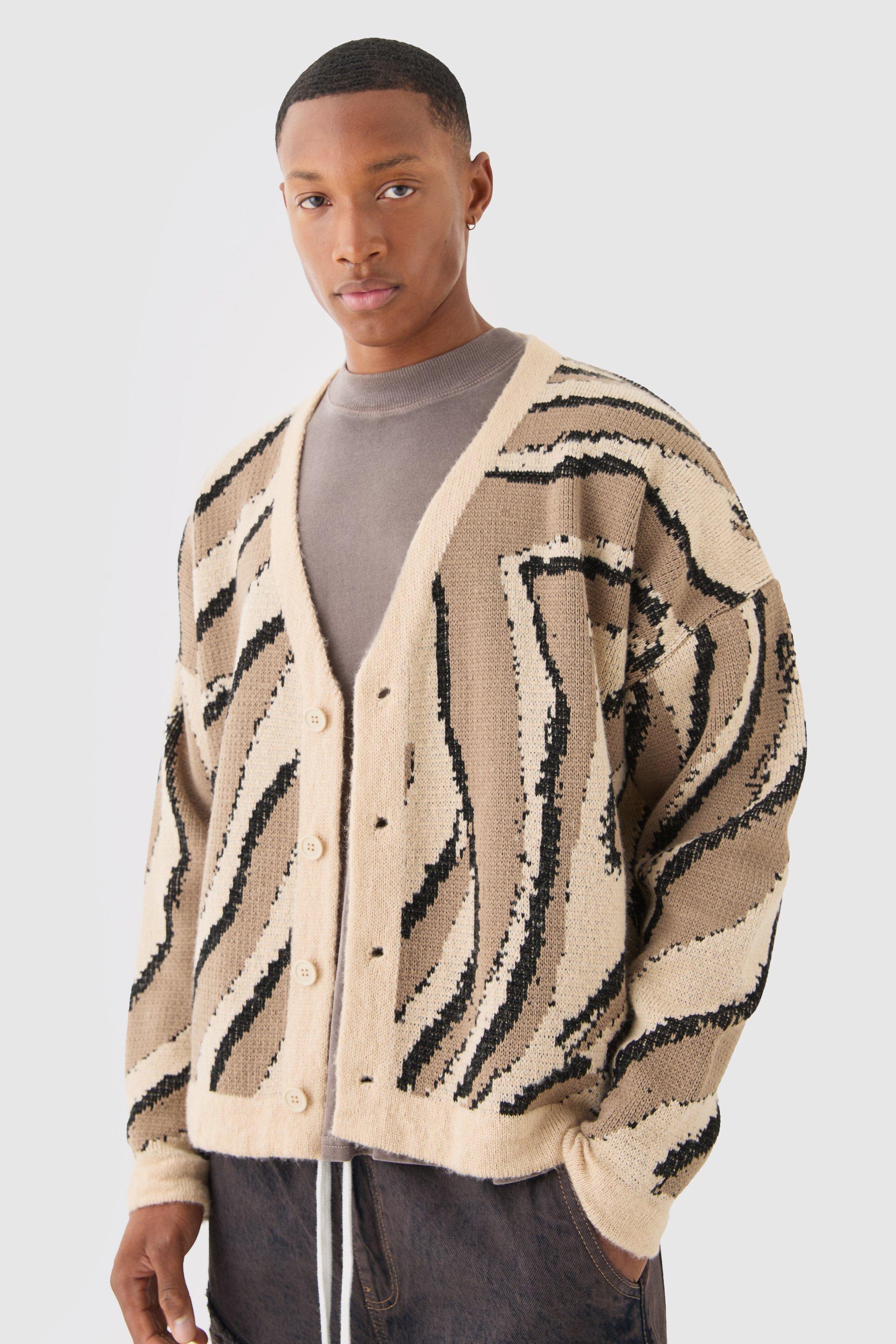 Mens Beige Boxy Oversized Brushed Abstract Cardigan, Beige