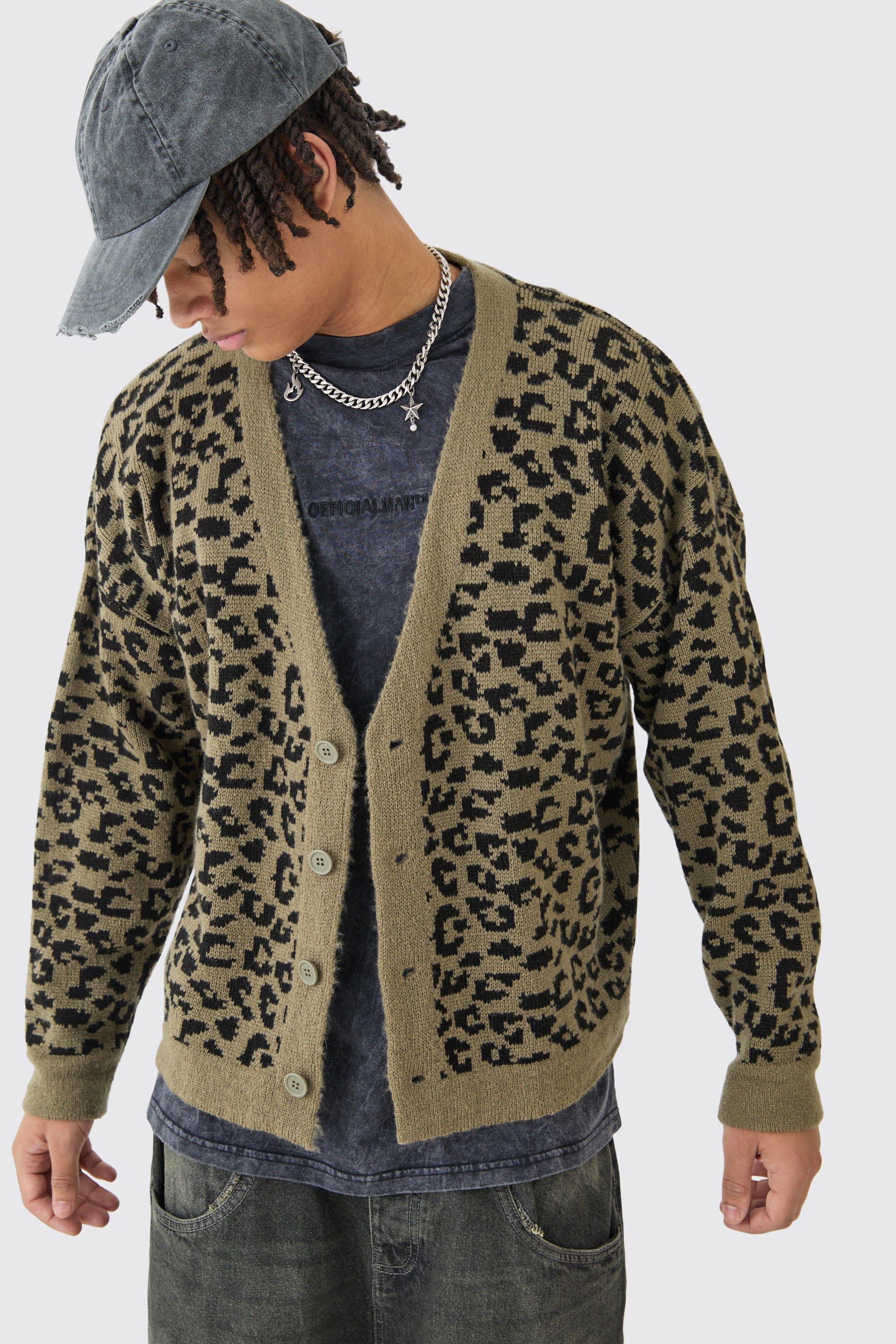 boxy oversized brushed leopard all over jacquard cardigan homme - kaki - m, kaki