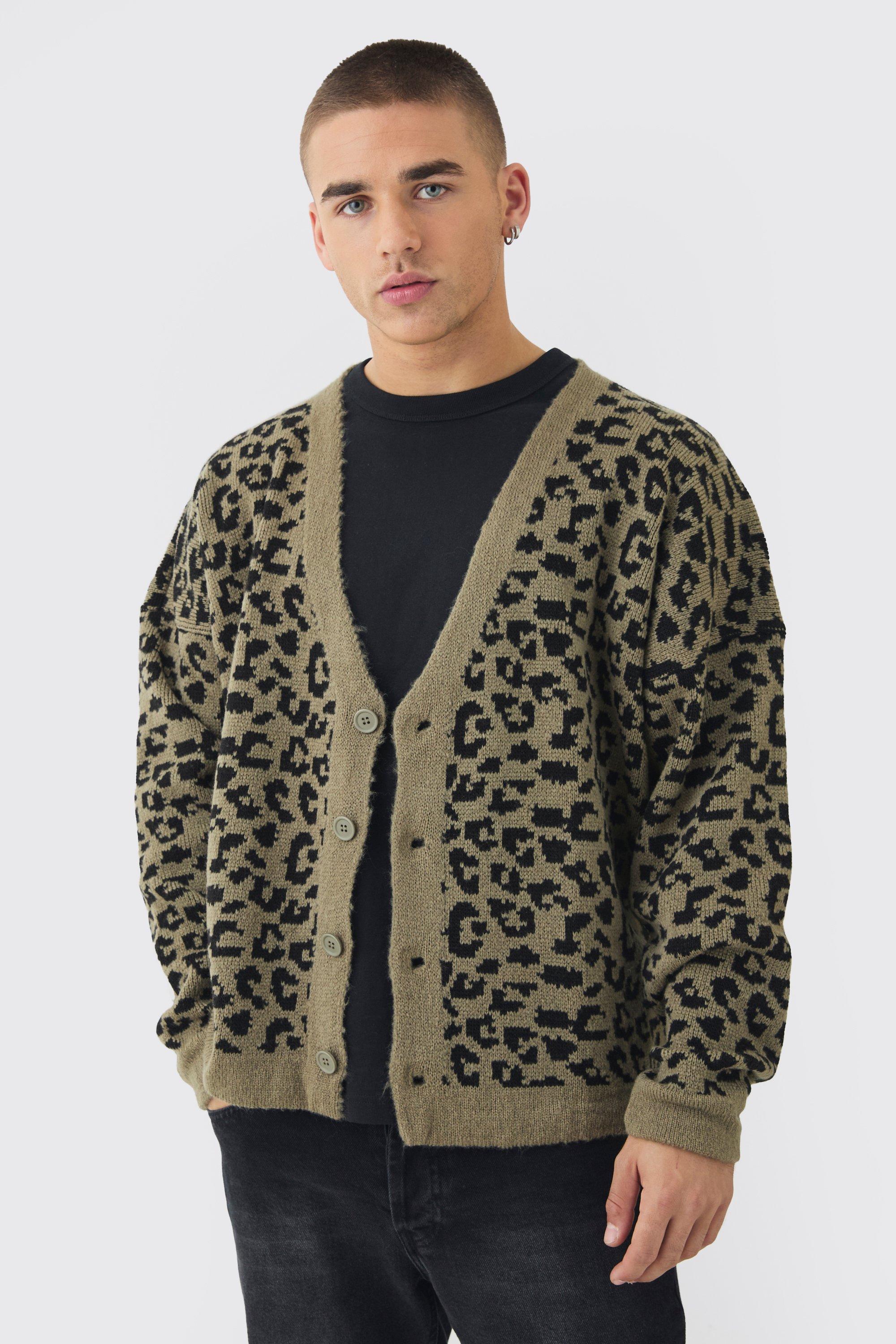 Mens Green Boxy Oversized Brushed Leopard All Over Cardigan, Green