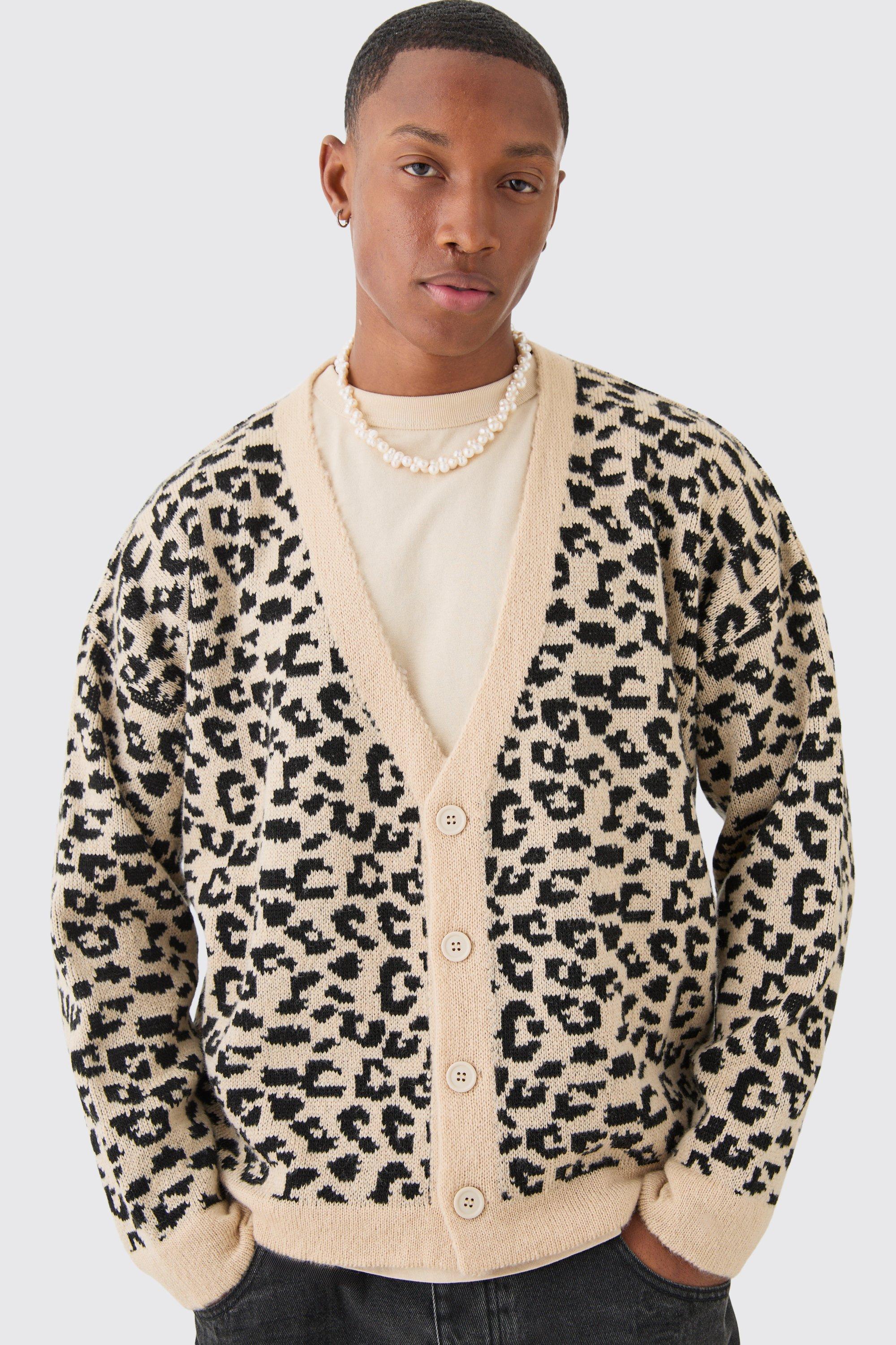 Boohoo Boxy Oversized Leopard All Over Jacquard Cardigan, Stone