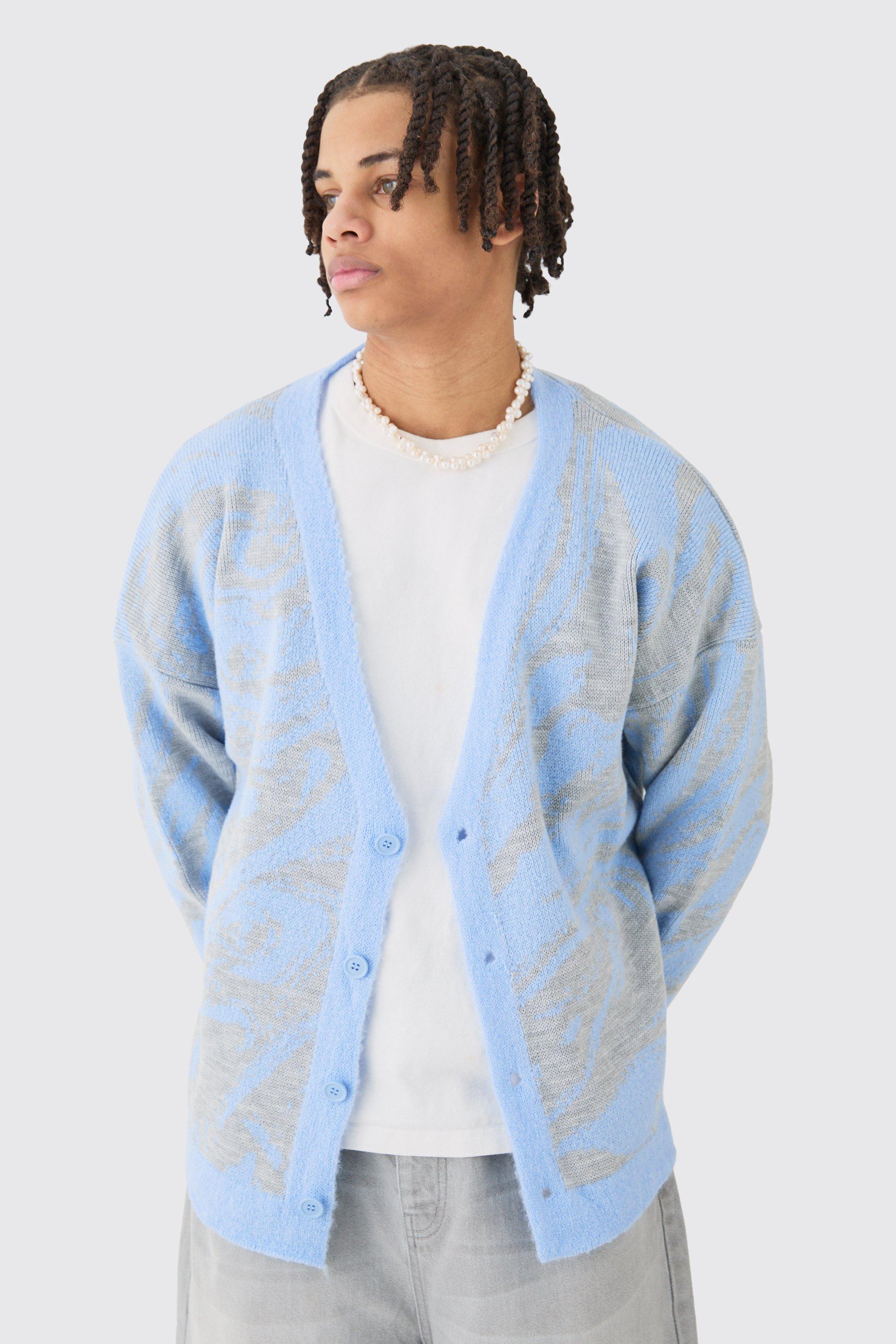 boxy oversized brushed abstract all over jacquard cardigan homme - bleu - s, bleu