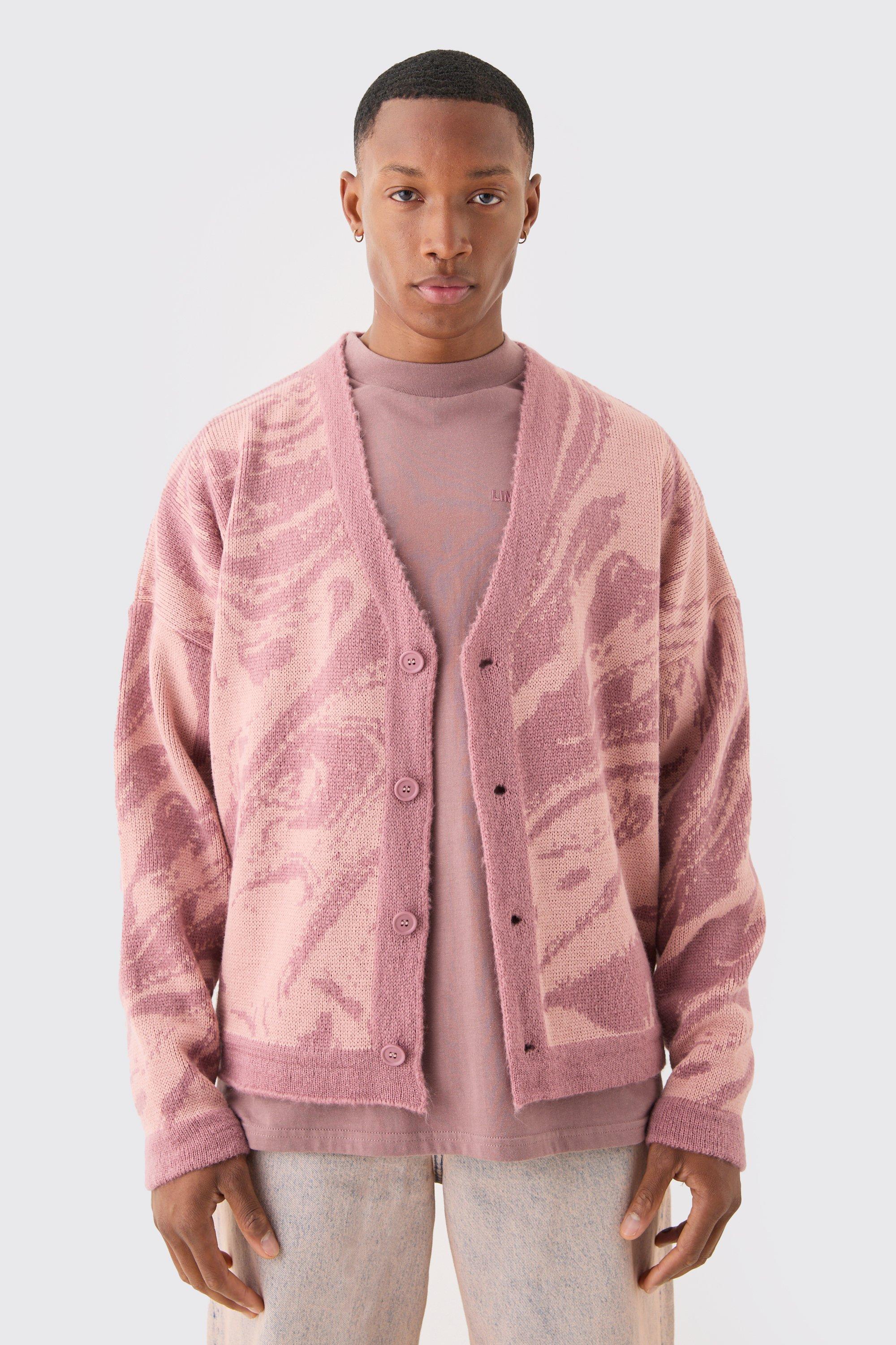 boxy oversized brushed abstract all over jacquard cardigan homme - rose - s, rose