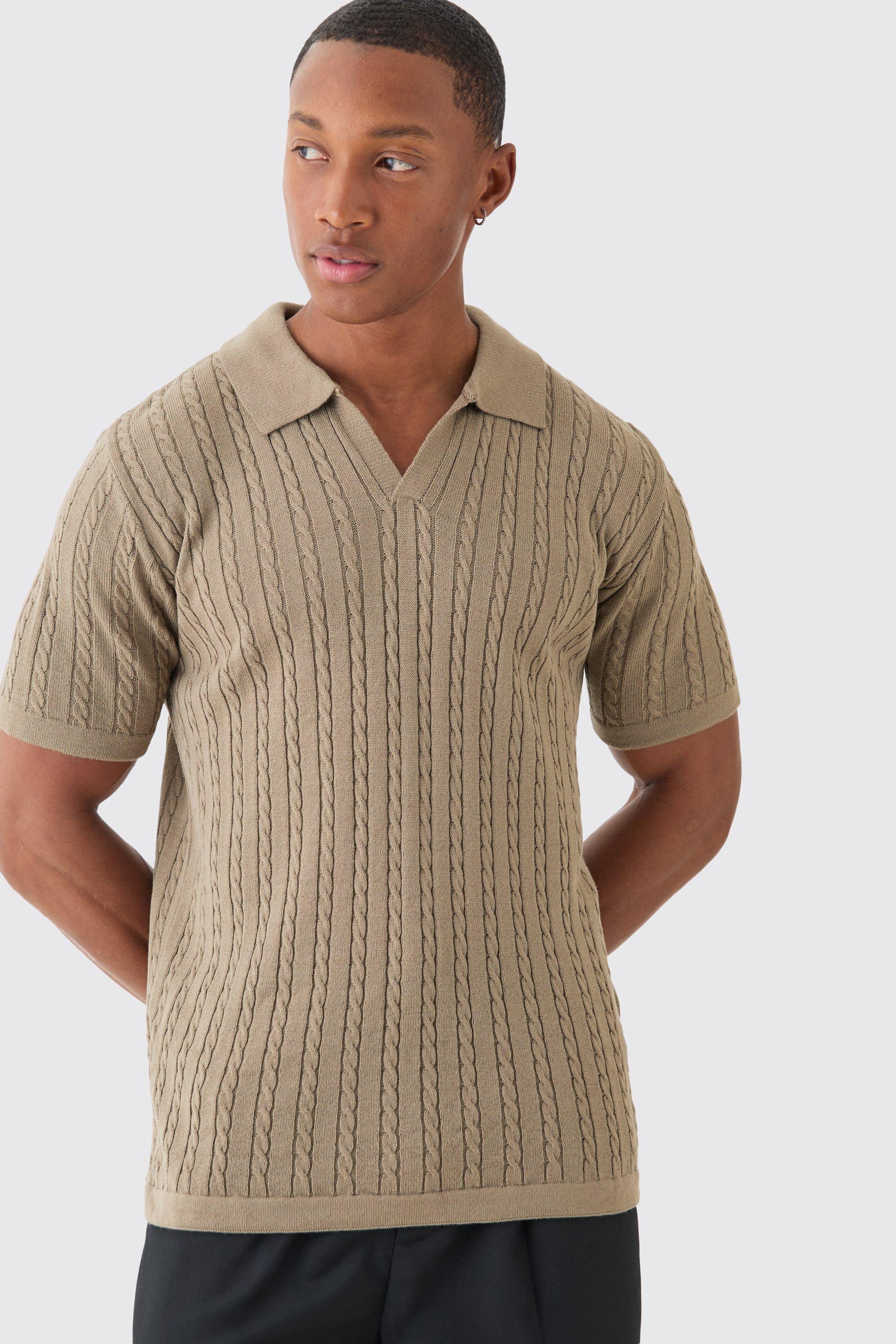 Image of Regular Revere Collar Cable Knit Polo, Beige