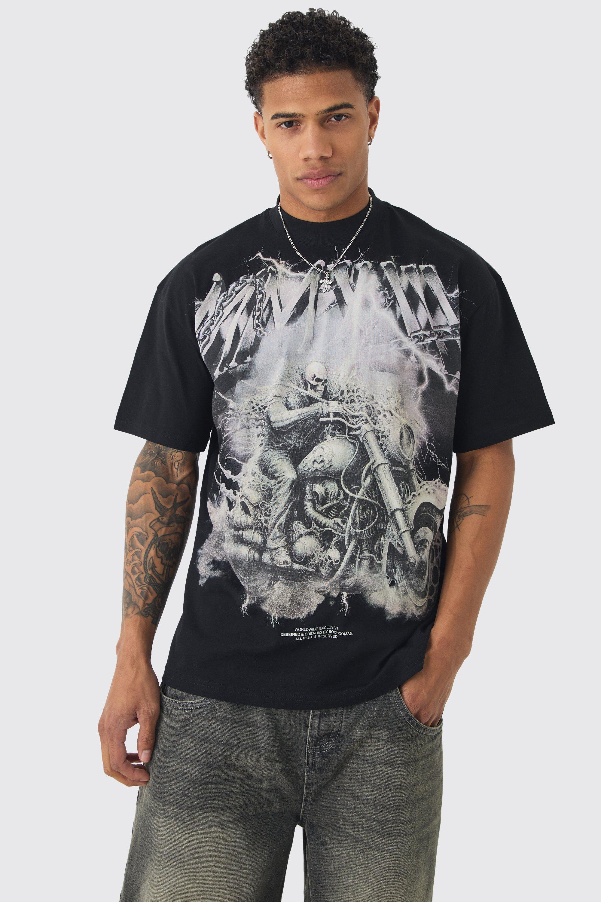 Mens Black Oversized Extended Neck Lightening Graphic T-shirt, Black