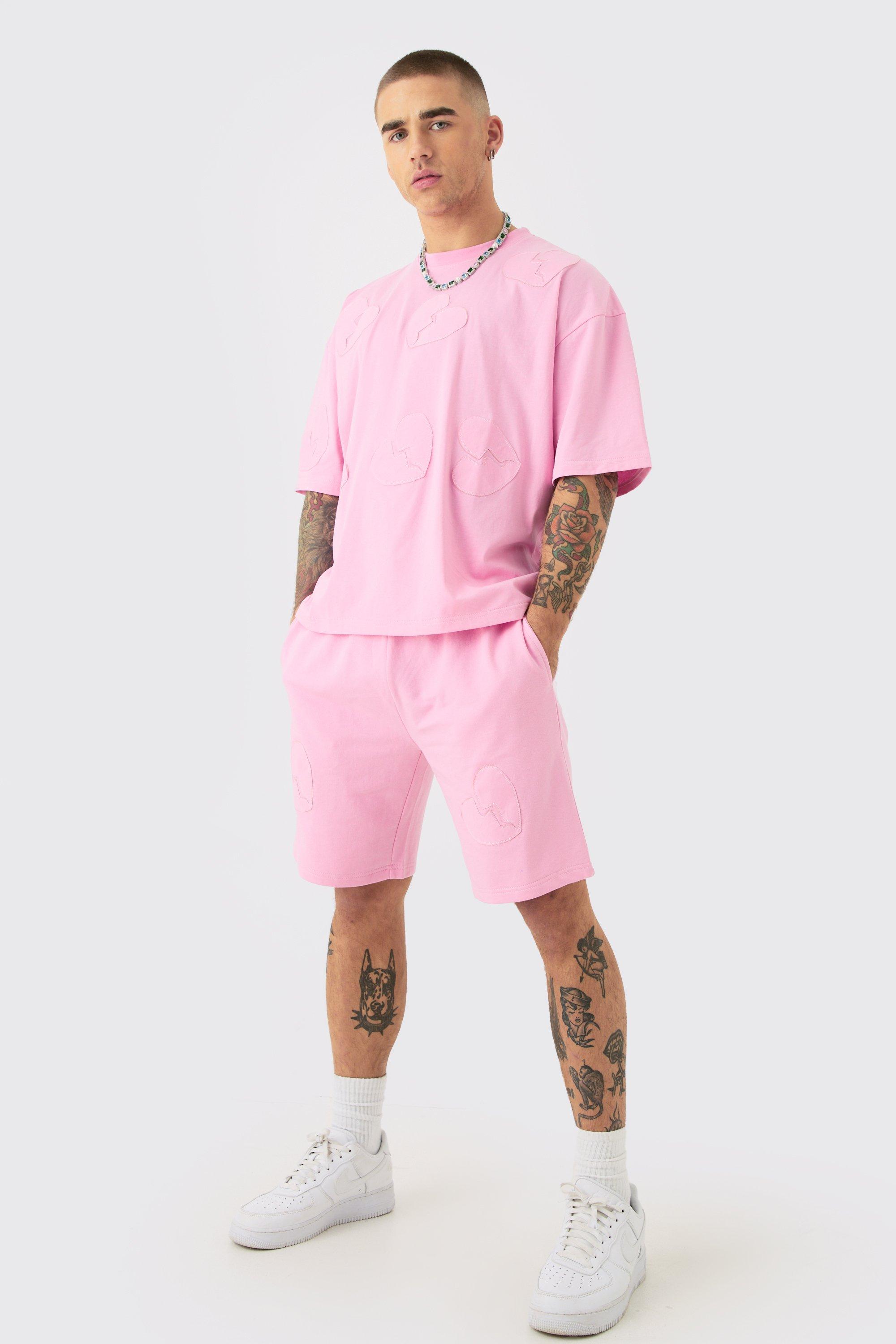 Image of Oversized Boxy All Over Heart Applique T-shirt & Shorts Set, Pink