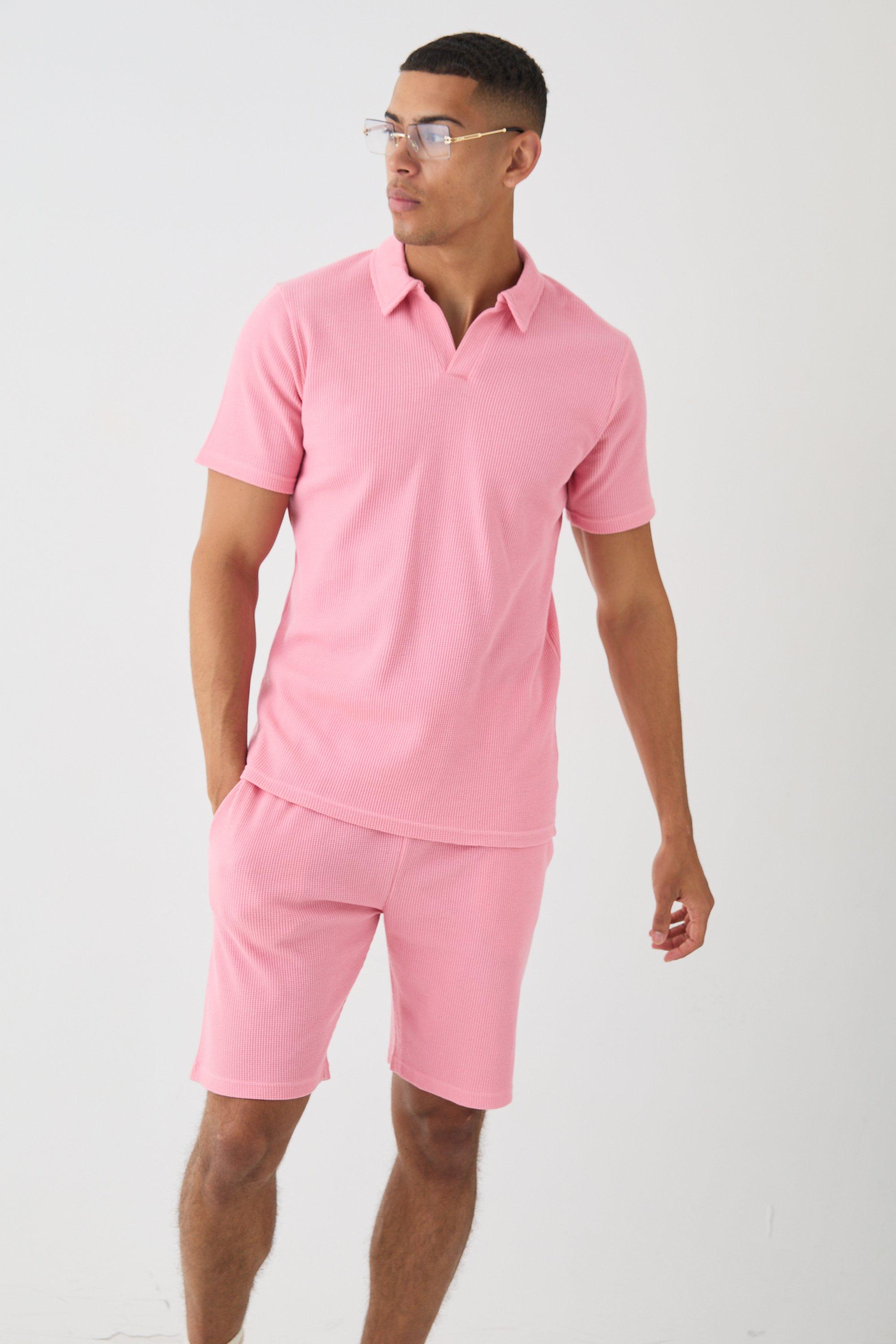 Mens Pink Slim Waffle Revere Polo And Shorts Set, Pink
