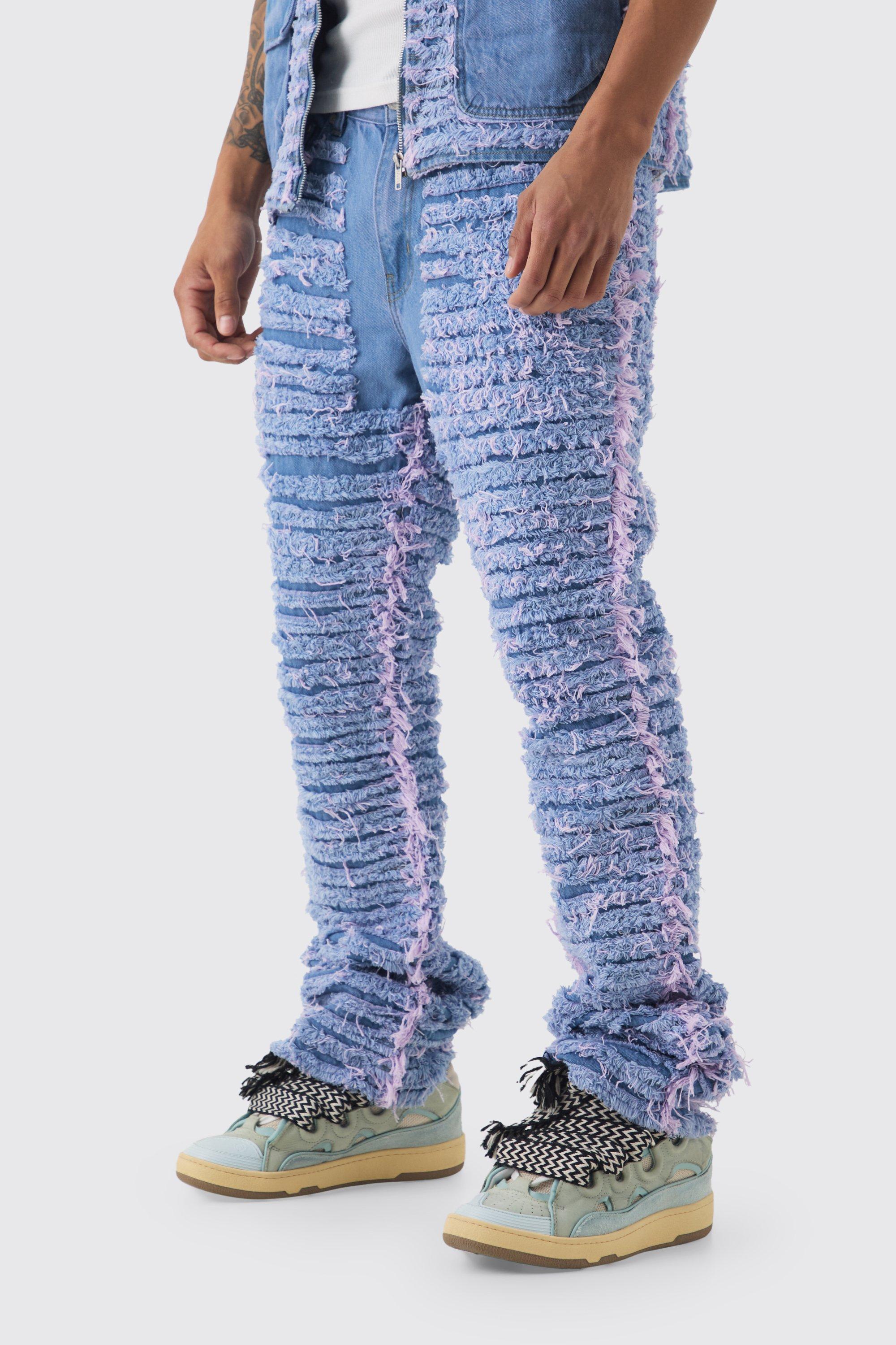 Jeans a zampa Slim Fit in denim rigido color lilla con smagliature all over, Purple