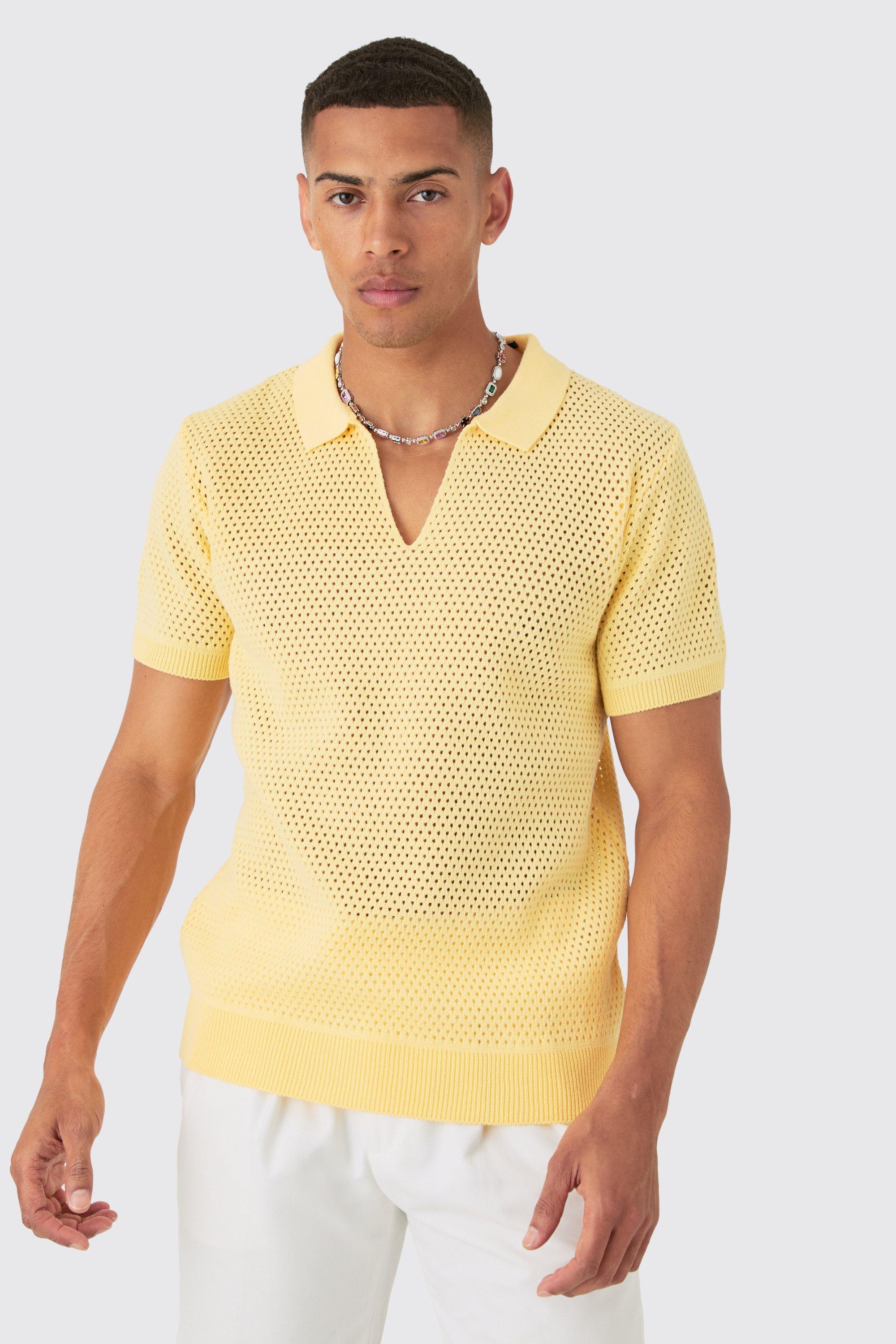 Mens Regular Fit Open Stitch Revere Polo In Yellow, Yellow