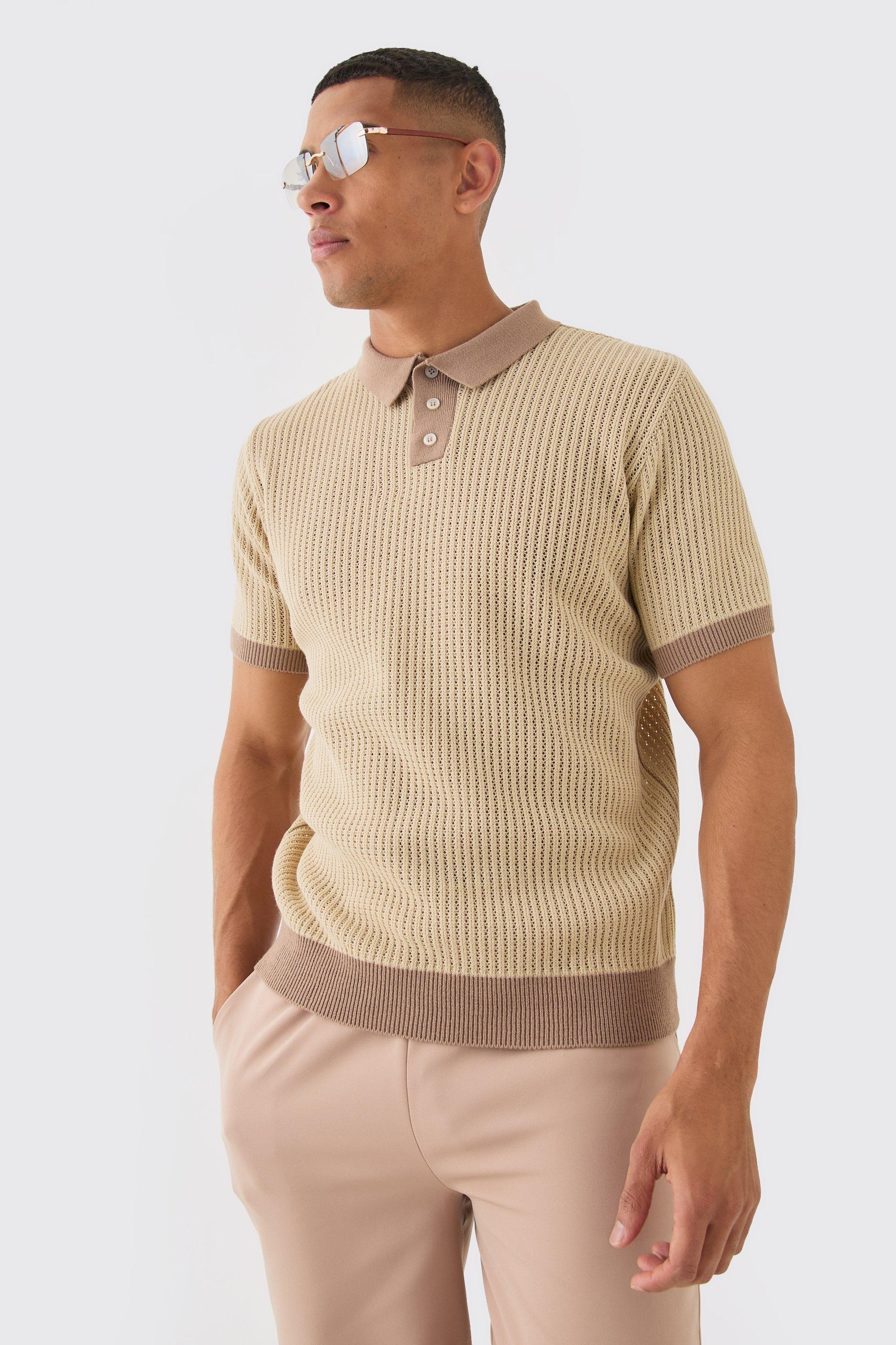 Image of Regular Fit Ribbed Open Stitch Contrast Polo In Taupe, Beige