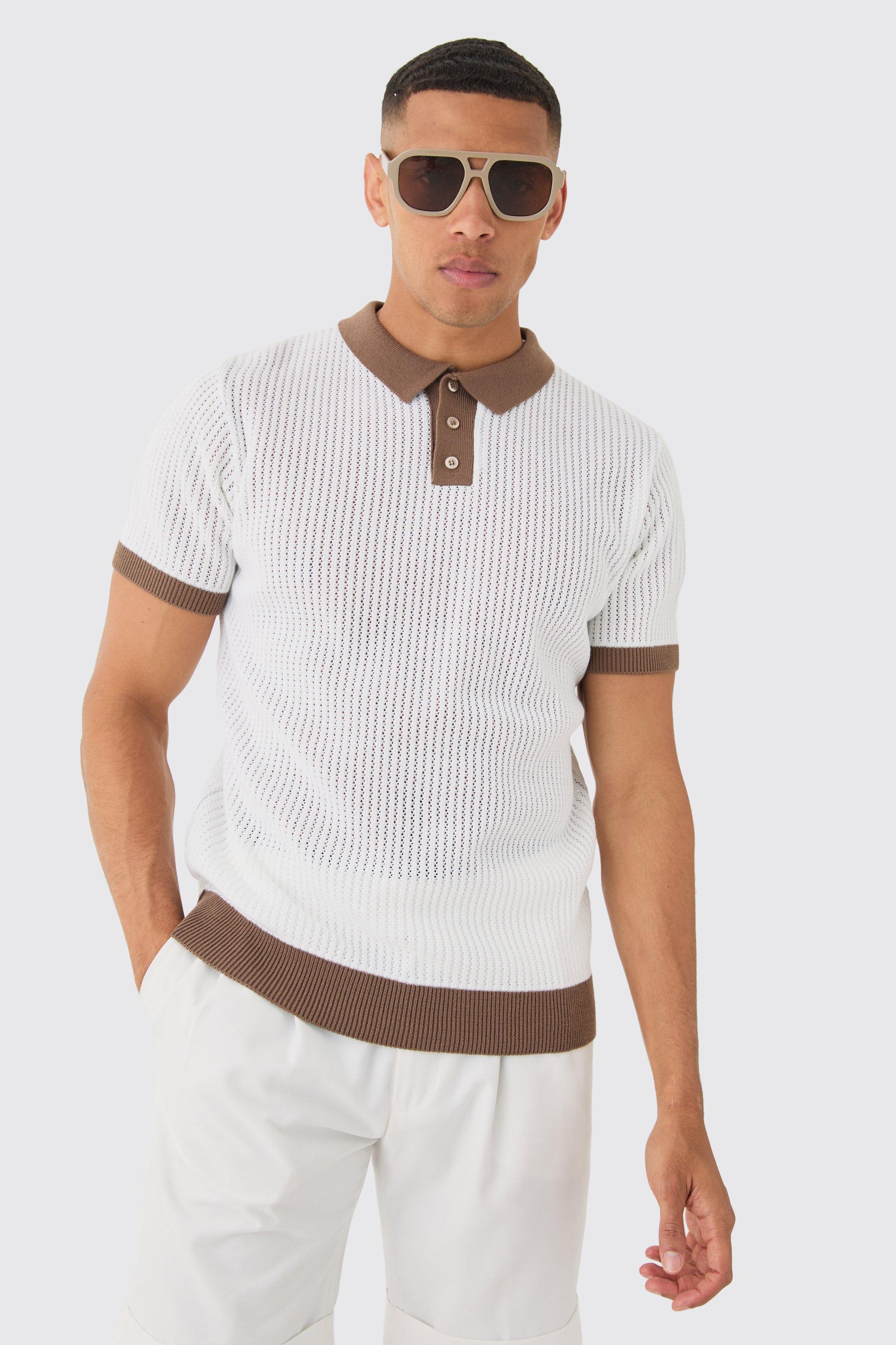 Image of Regular Fit Ribbed Open Stitch Contrast Polo In White, Bianco