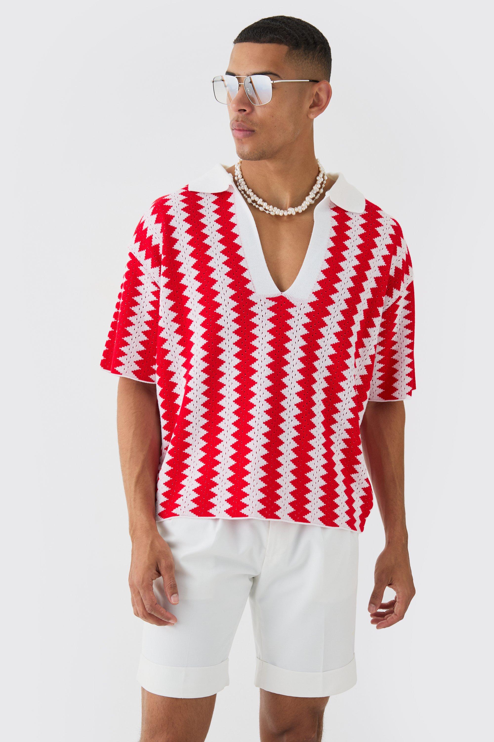 Image of Oversized Boxy Drop Revere Open Stitch Stripe Polo In Red, Rosso