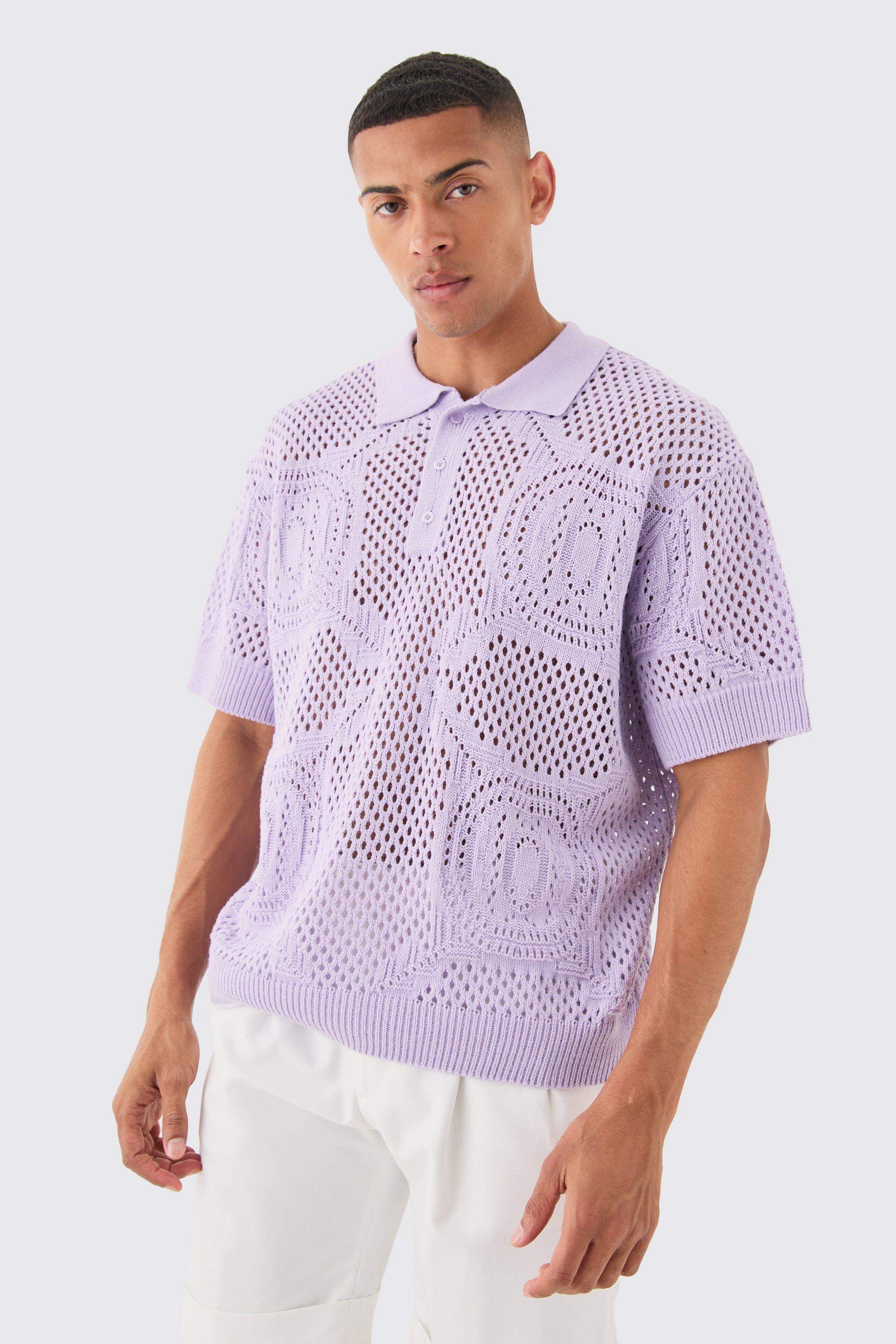 Image of Oversized Boxy Open Stitch All Over Textured Polo In Lilac, Purple