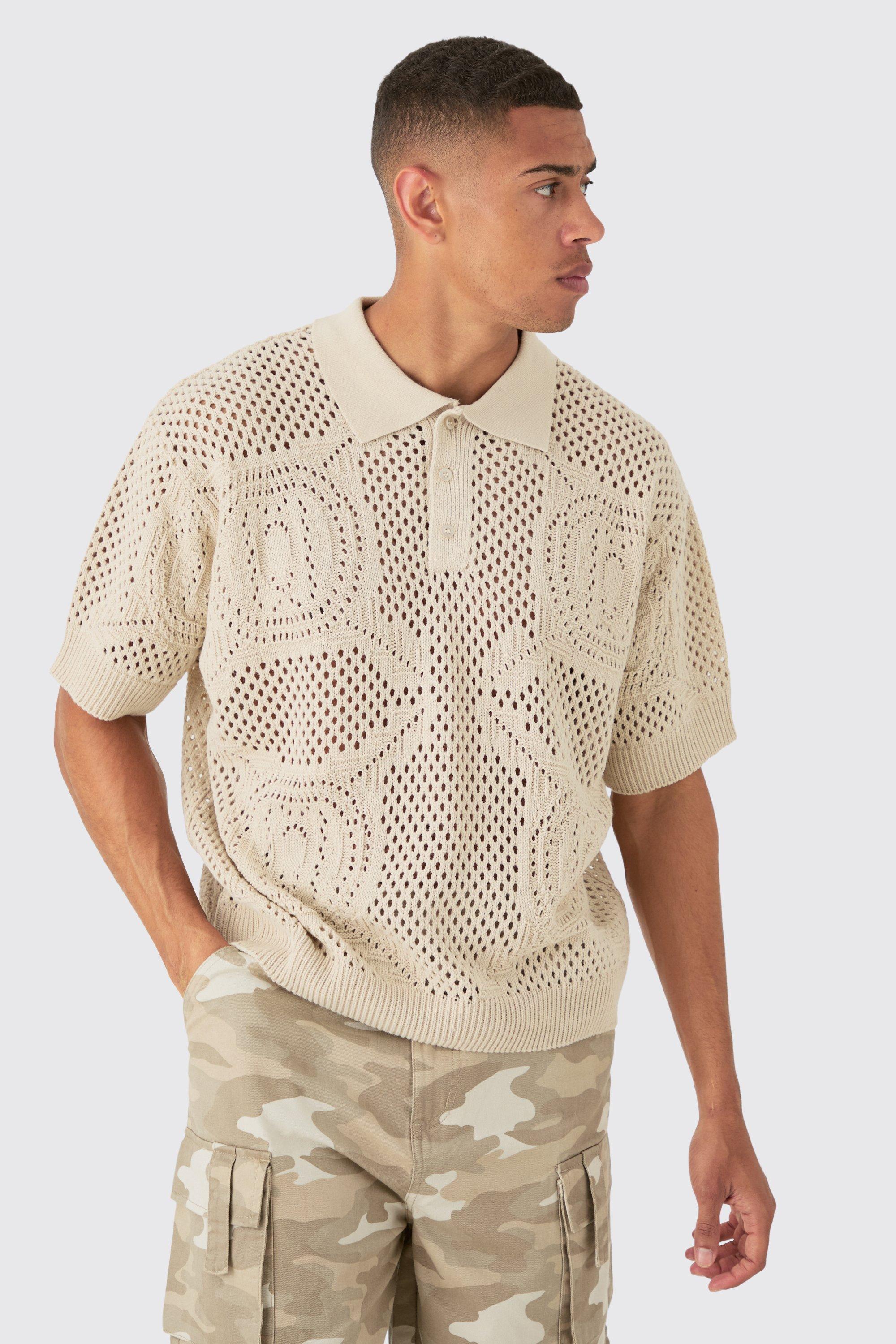 Image of Oversized Boxy Open Stitch All Over Textured Polo In Stone, Beige
