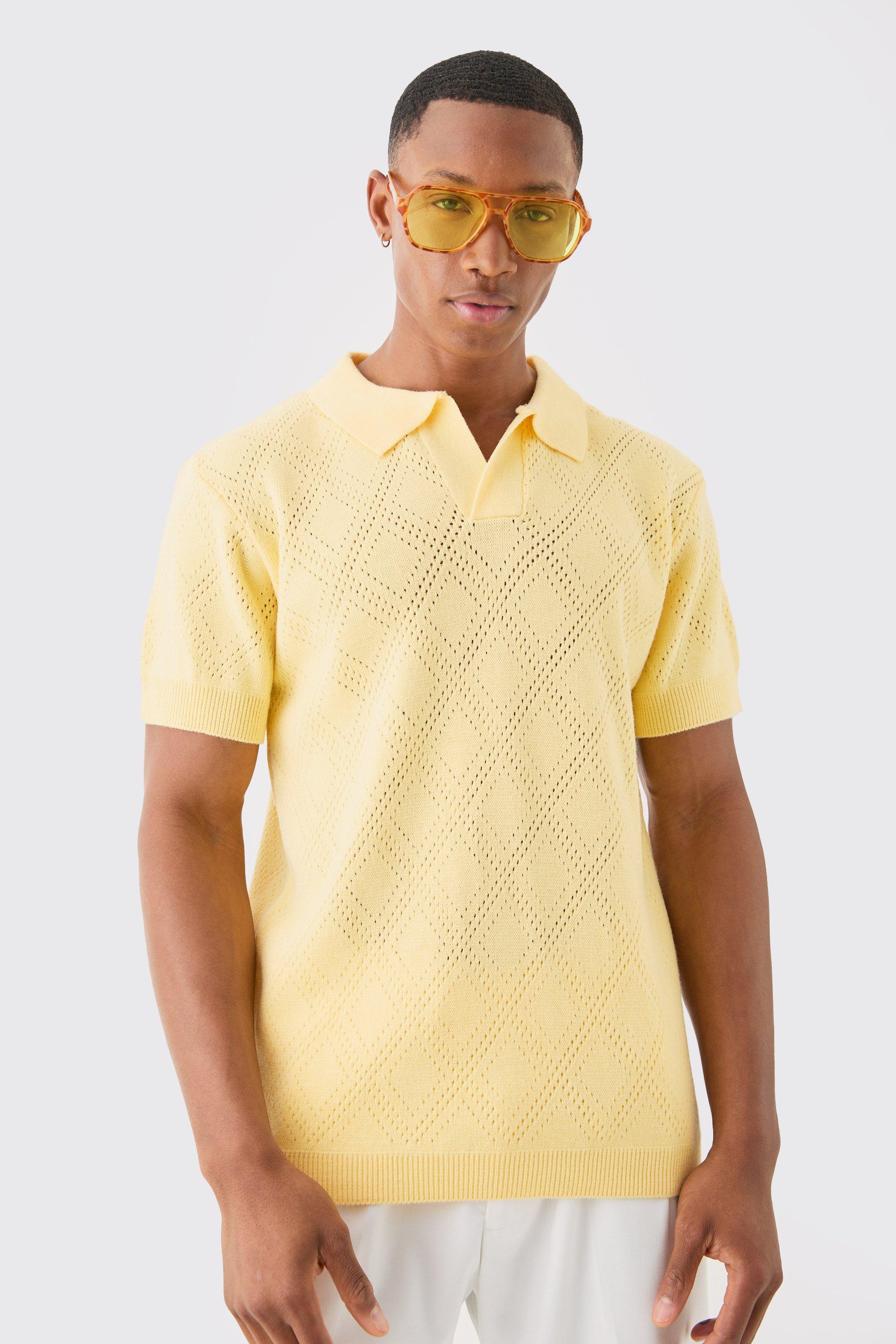 Image of Regular Fit Revere Open Stitch Polo In Yellow, Giallo
