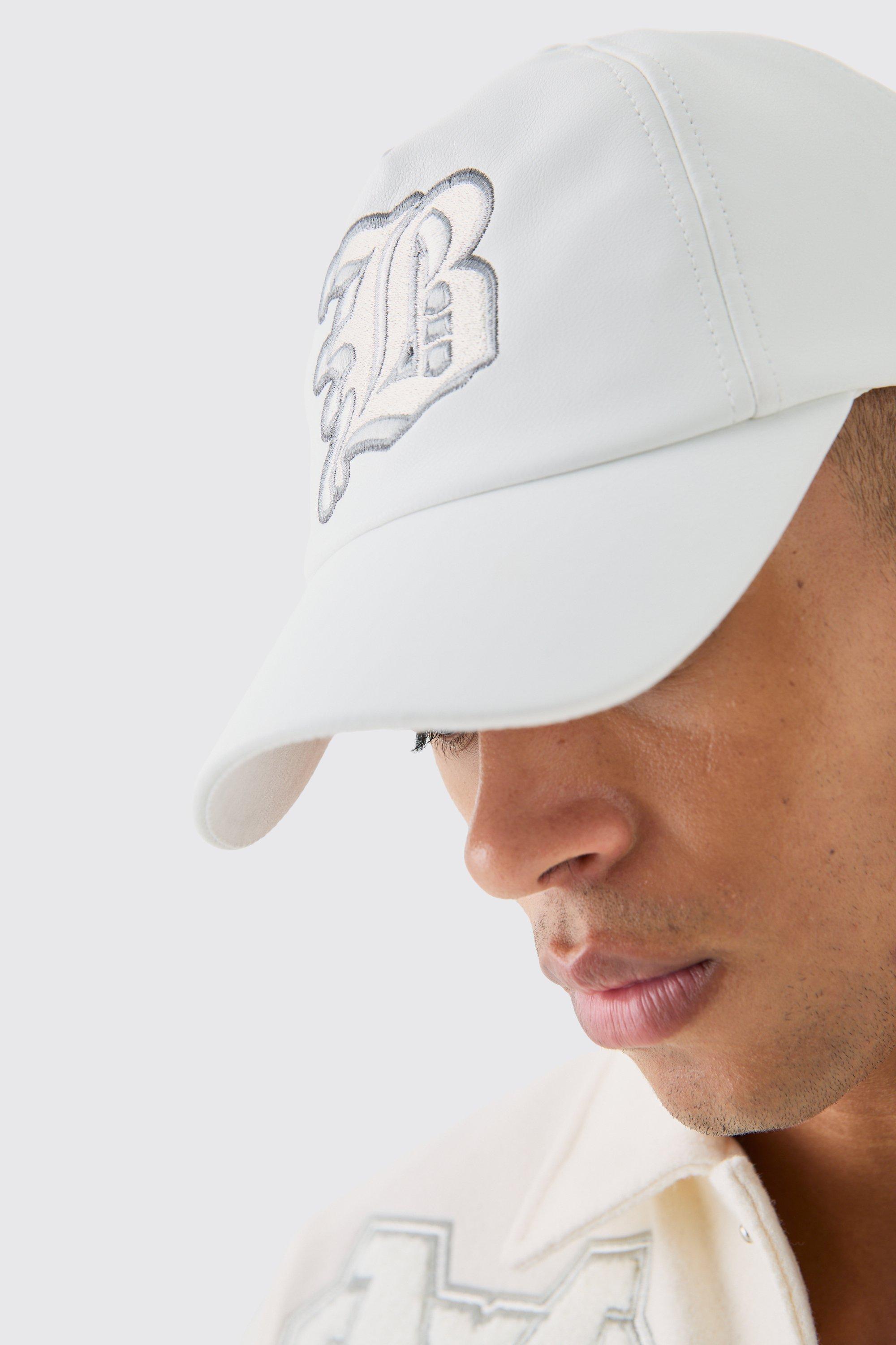 Mens PU Applique Cap In White, White