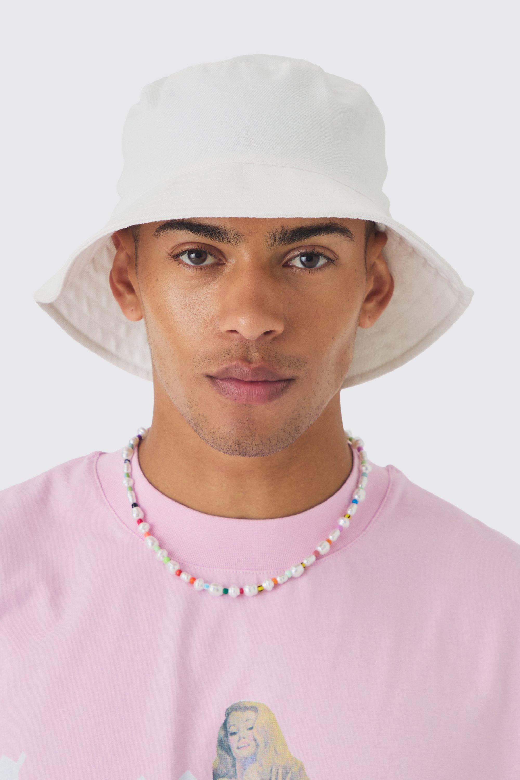 Mens Wide Brim Bucket Hat In White, White