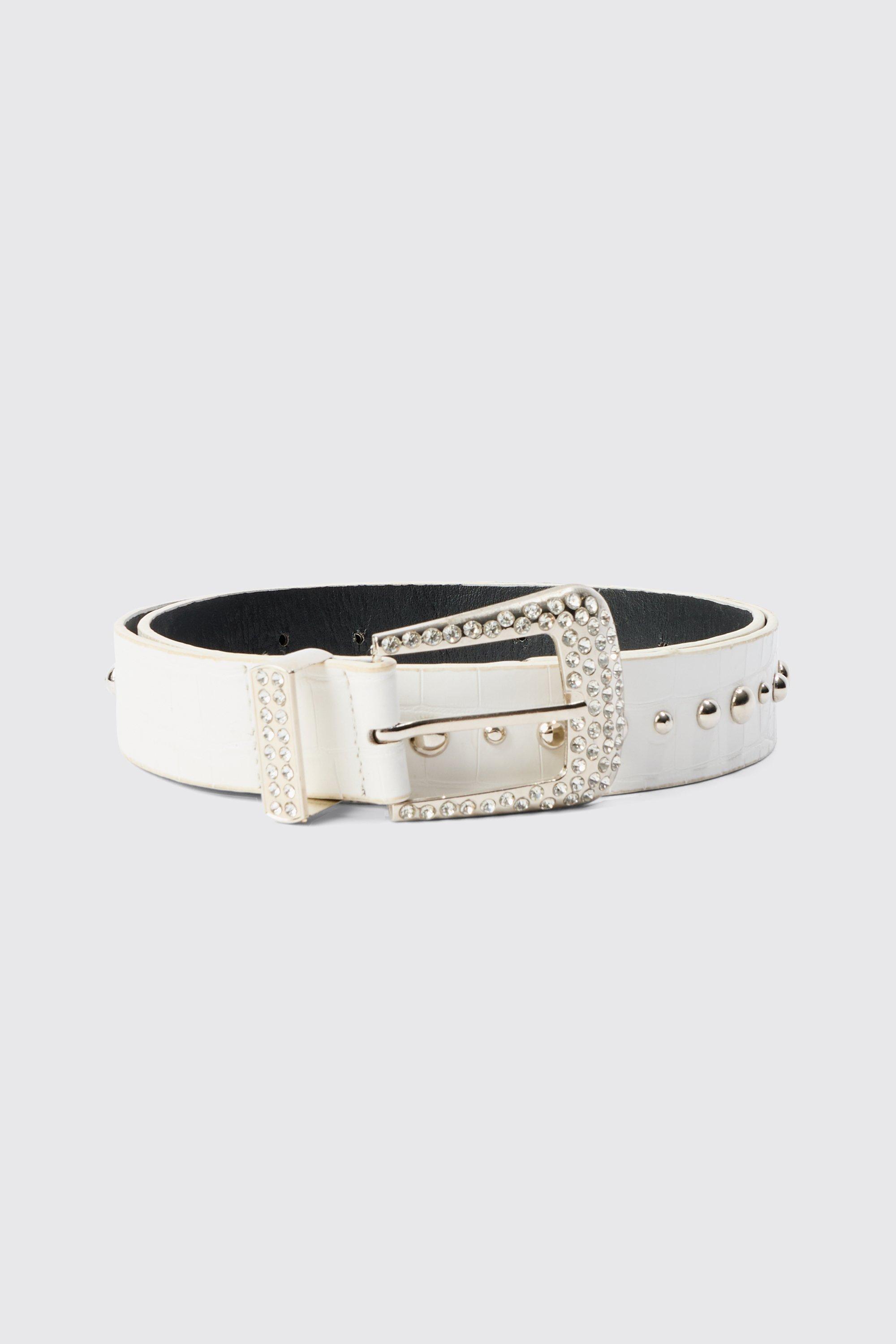 Mens Croc Detail Studded Western Belt With Gem Detailing On White, White