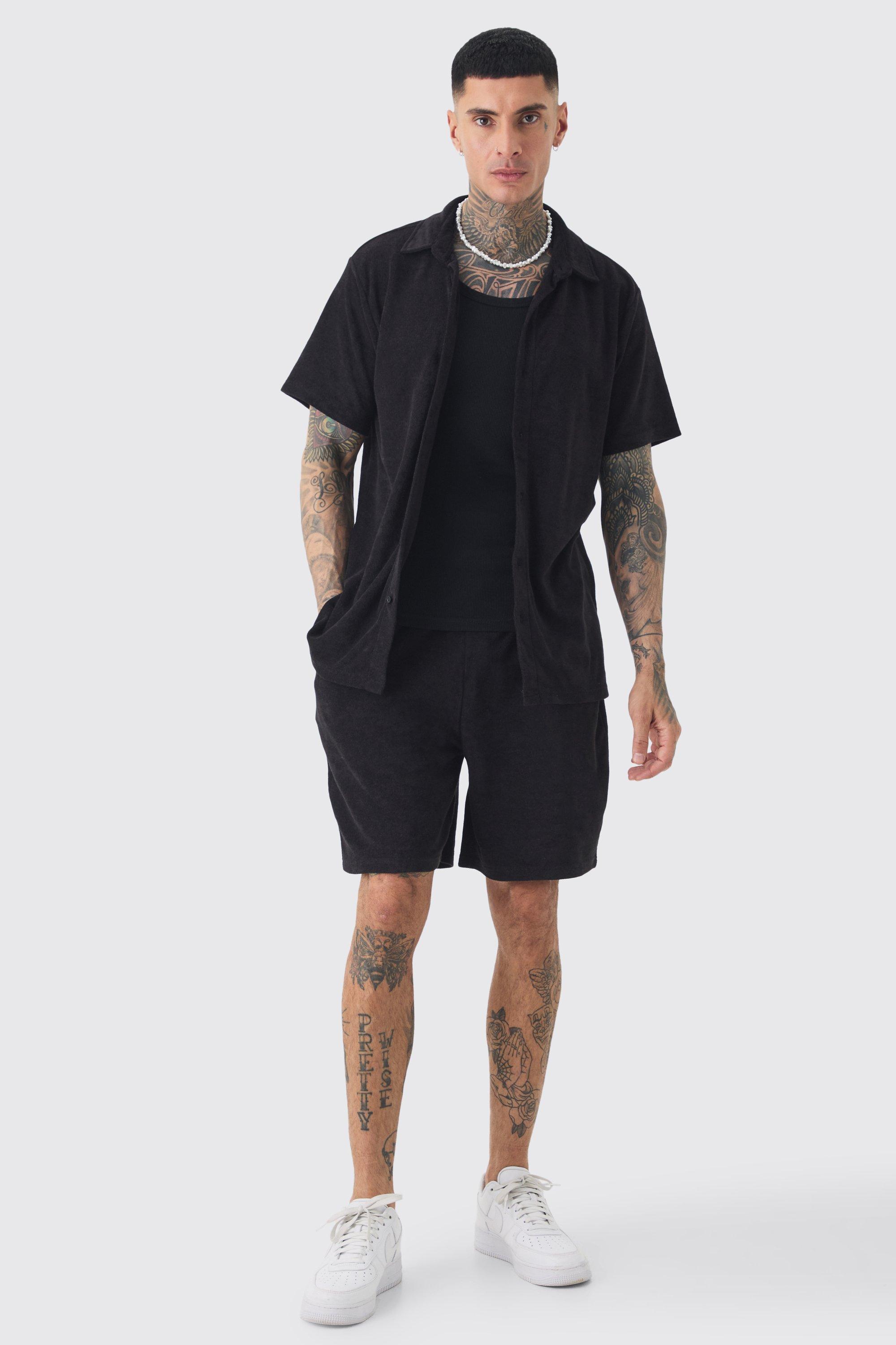 Mens Tall Towelling Shirt & Short Set in Black, Black