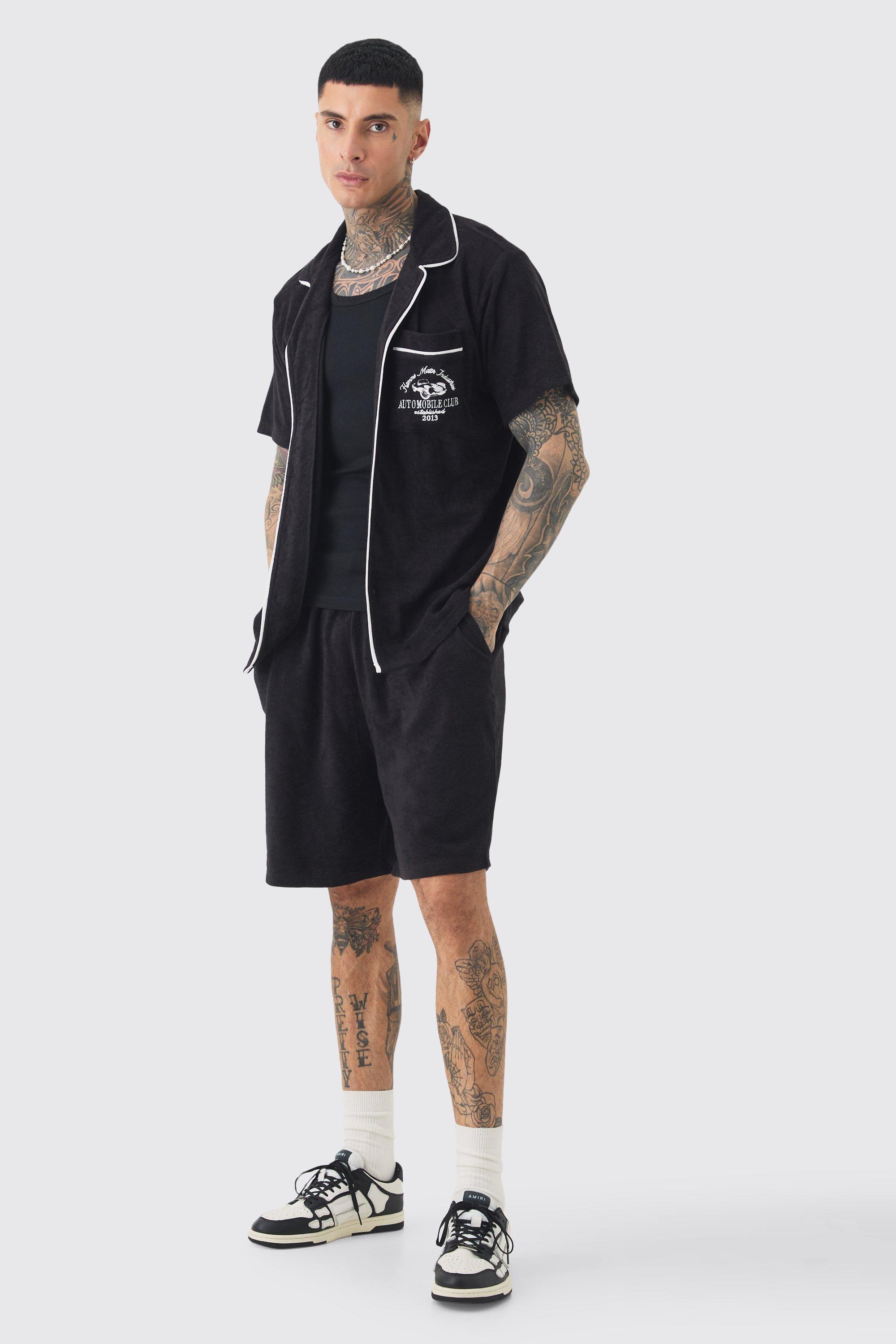 Mens Tall Embroidered Towelling Shirt & Short Set In Black, Black